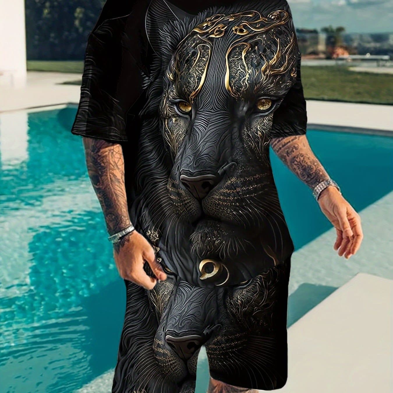 TEMU Men's Novelty 3d Lion Print Comfortable Breathable Casual Sportswear Set - Polyester T-shirt & Shorts, Machine Washable, Perfect For Leisure, Daily Wear & Beach