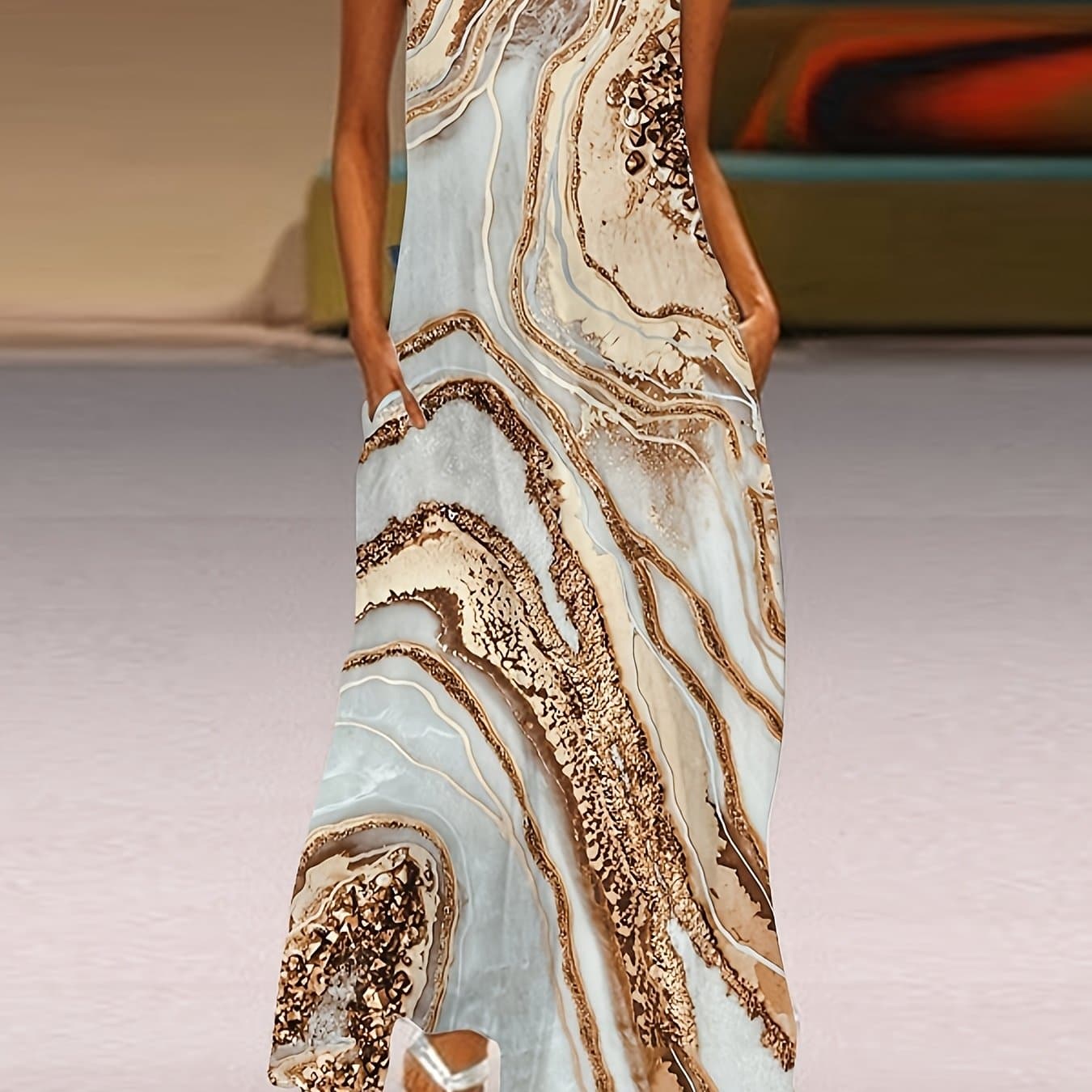 TEMU 2025 Summer European And American Cross-border New Style Sexy Long Dress, Women's Printed V-neck Patch Pocket Flared Loose Fit Dress