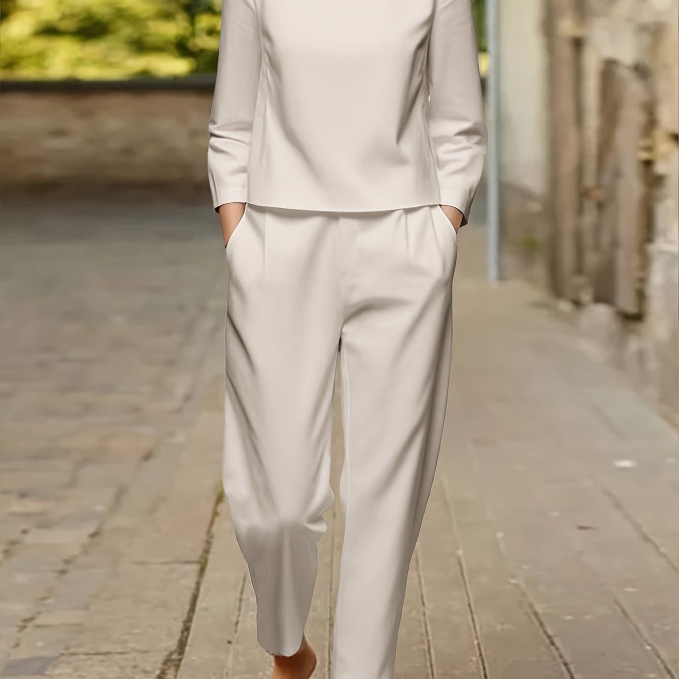TEMU Women's Casual Long Sleeve Round Neck T-shirt Set, Classic Simple Solid Color Versatile Set, Long Sleeve Round Neck T-shirt Top And Casual Pants With Set Vacation Leisure Daily Outdoors