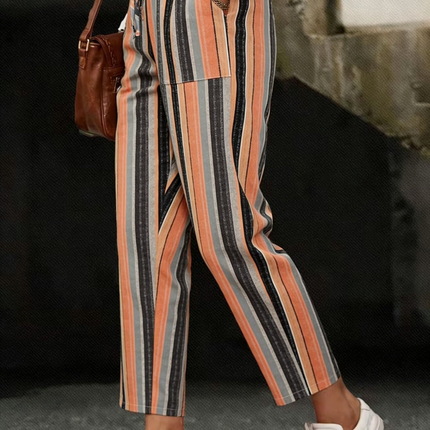 TEMU Elegant Directional Women's Casual Lace-up Elastic Striped Print Straight-leg Cropped Trousers 's Pants Suitable For Daily Wear Applicable To Spring, Summer And Autumn
