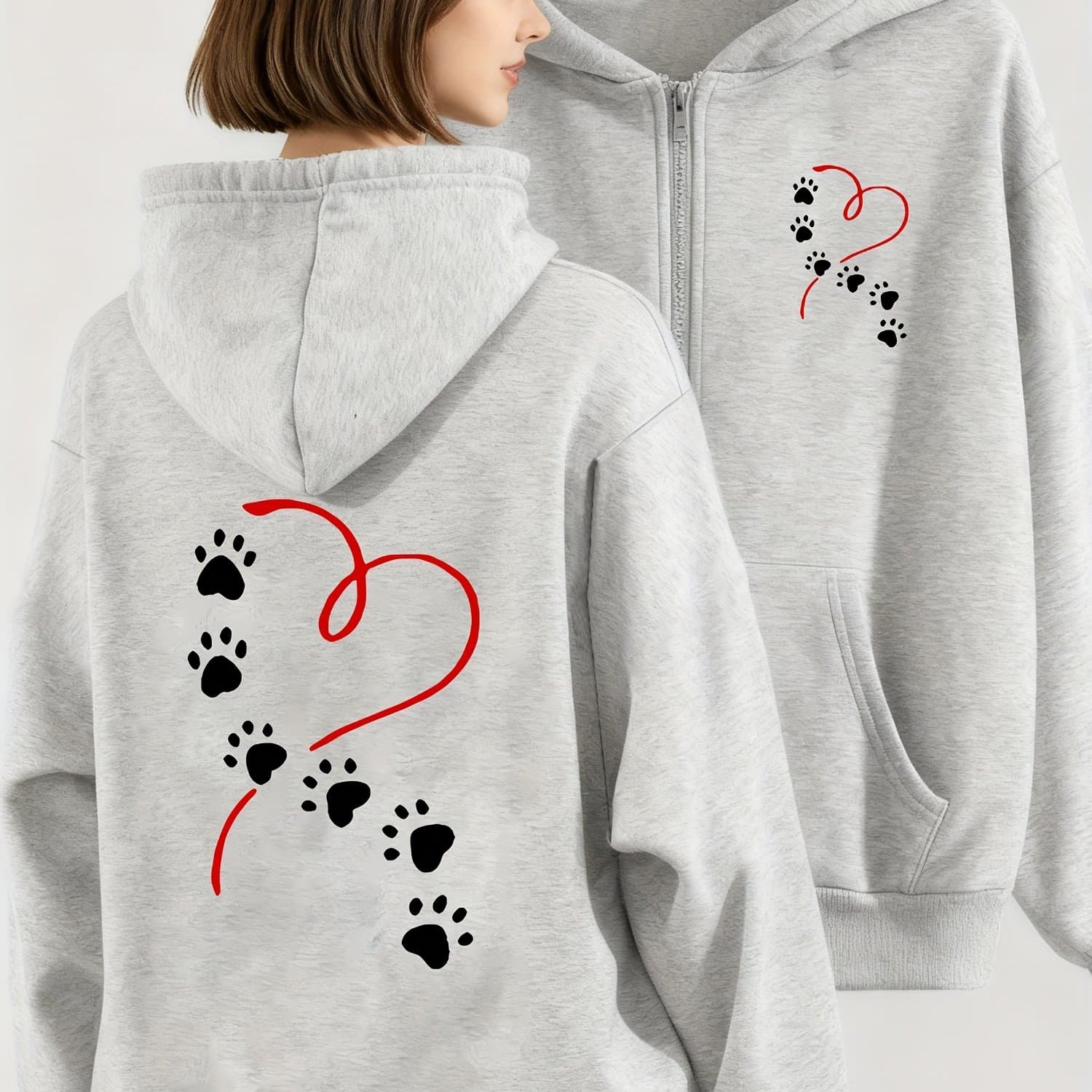 TEMU Heart And Paw Print Hooded Zip-up Jacket For Women | Comfortable Fabric, , , Ideal For Daily And Casual Gatherings, Available In Multiple Sizes And Colors