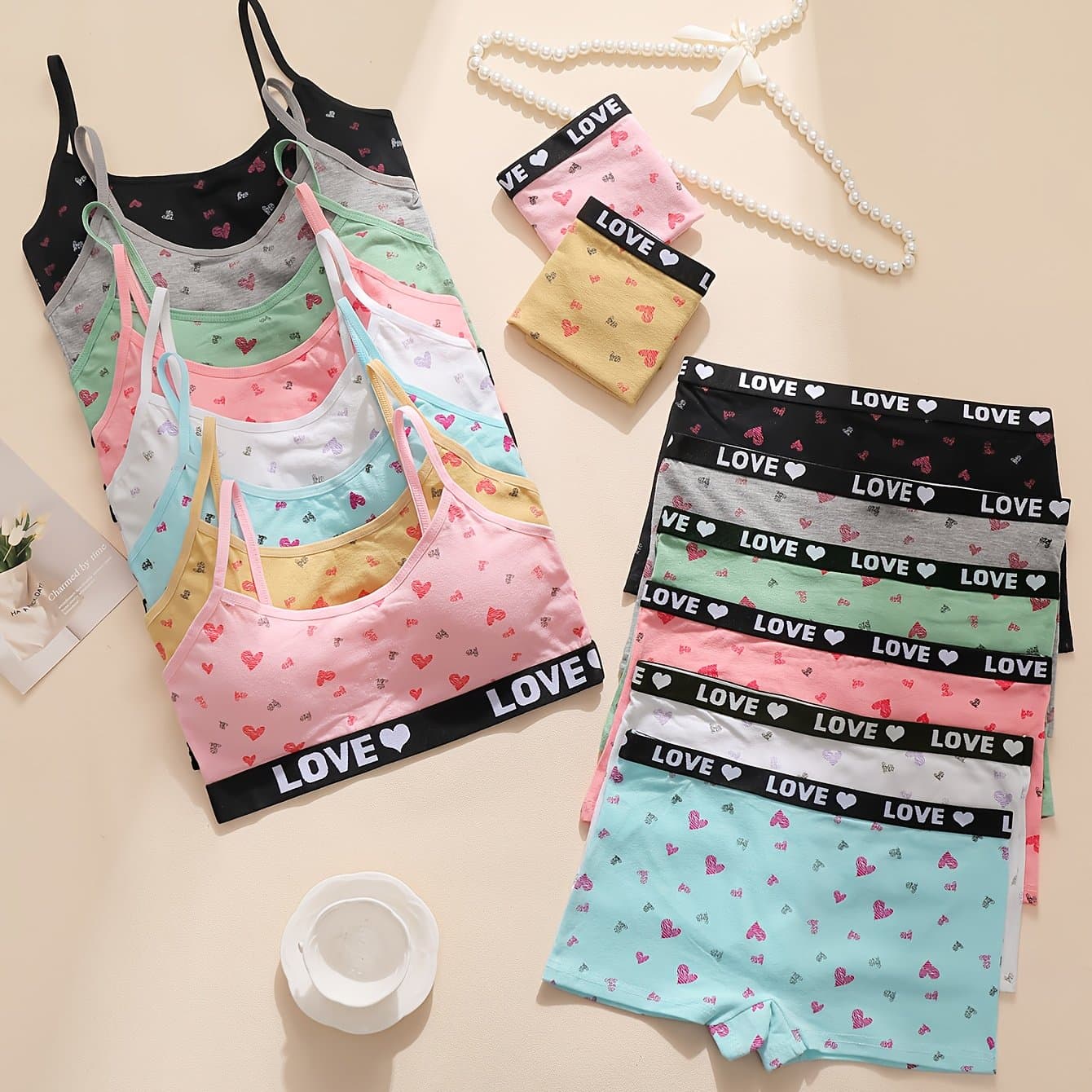 TEMU 8 Set Teens Girls' Underwear Set Comfortable Vest & Panties Lingerie Set, Perfect For Aged 9-11, For Teenager, Perfect For Outdoor, For Teenager