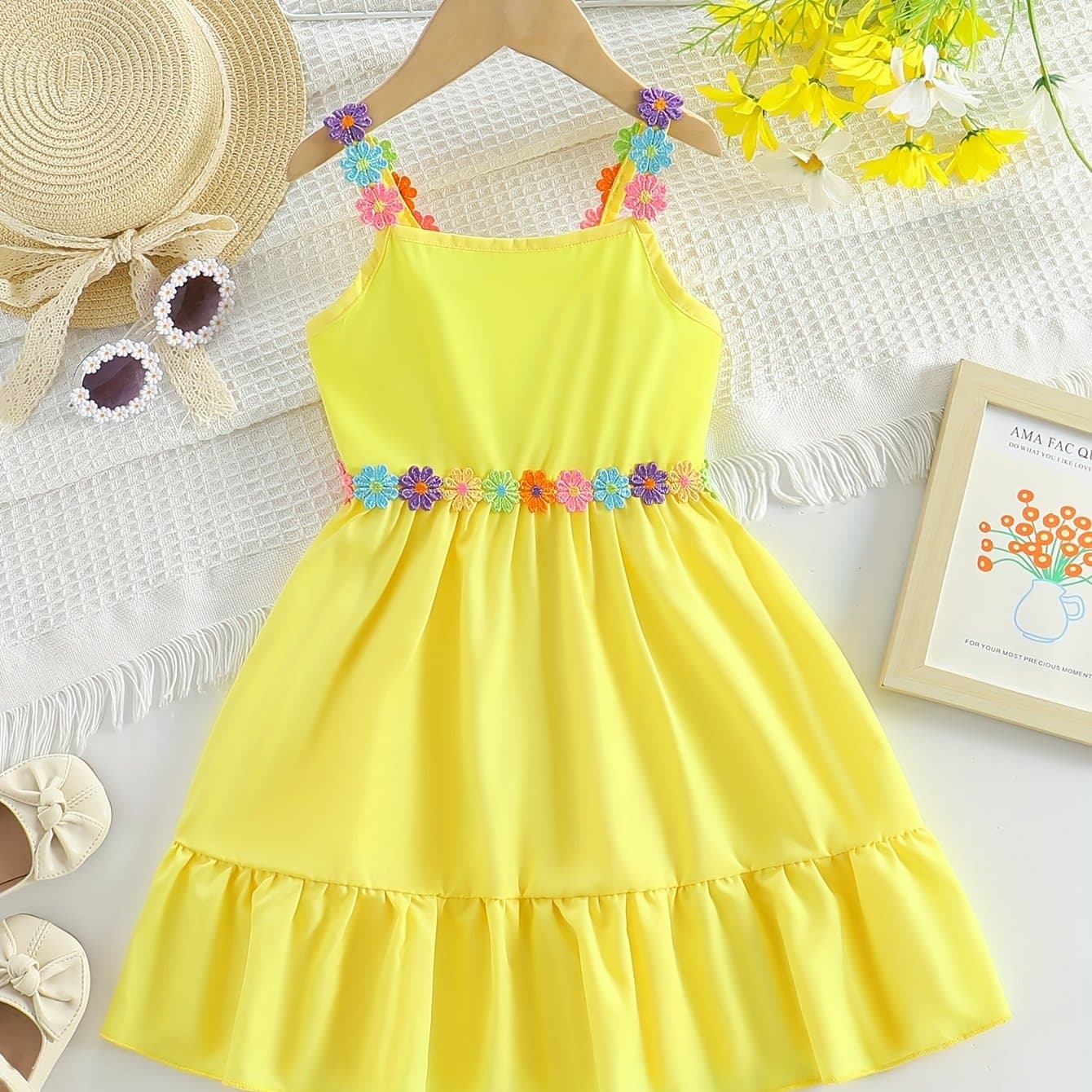 TEMU Girls' Floral Sundress With Straps, Thigh-length, Stylish And Elegant Summer Dress