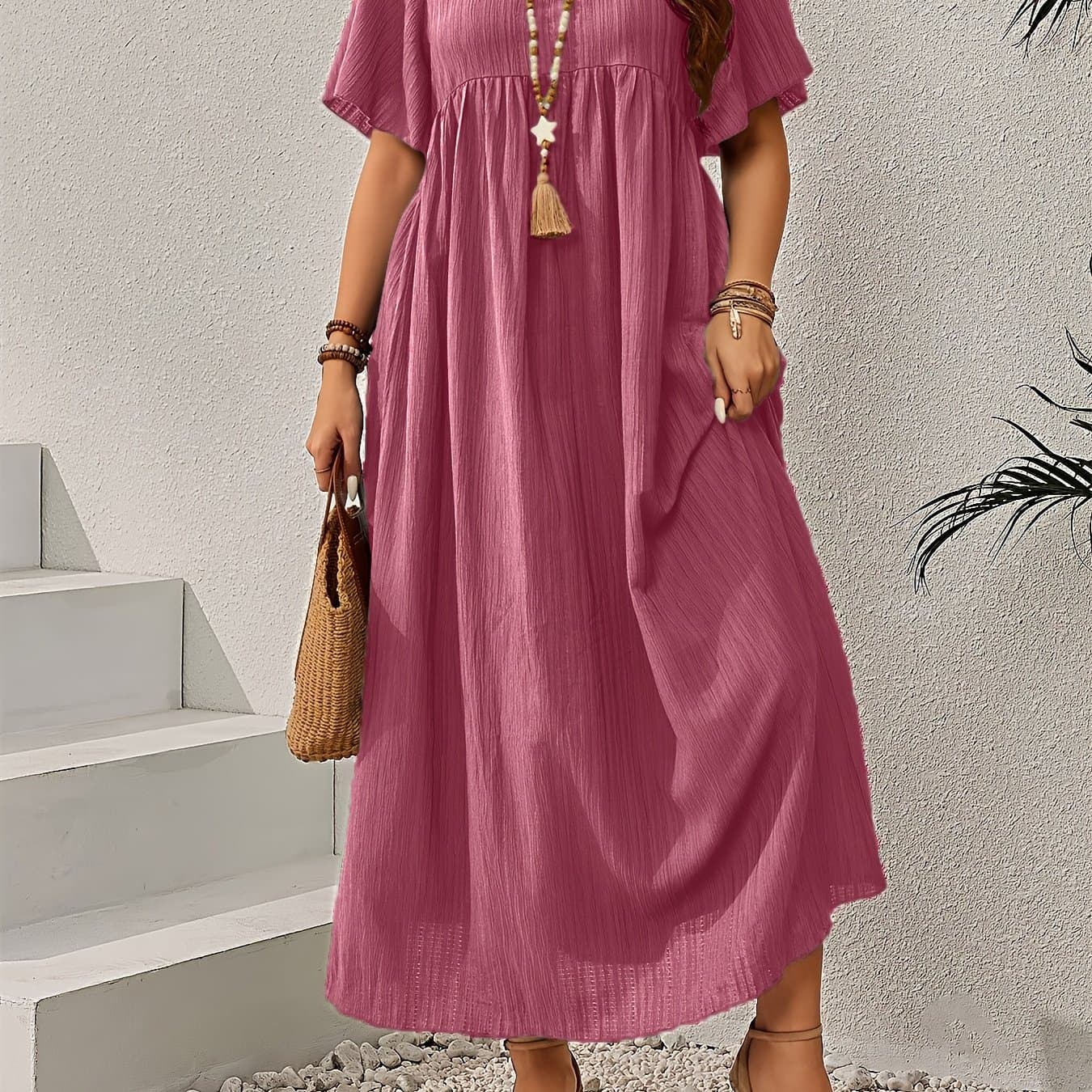 TEMU Plus Size - Plus Size - Plus Size Women's Dress, -neck Batwing Short Sleeve Casual Dress, Gift For Mom, , Women's Vacation Wear, , Suitable For Daily Wear, Vacation Atmosphere,