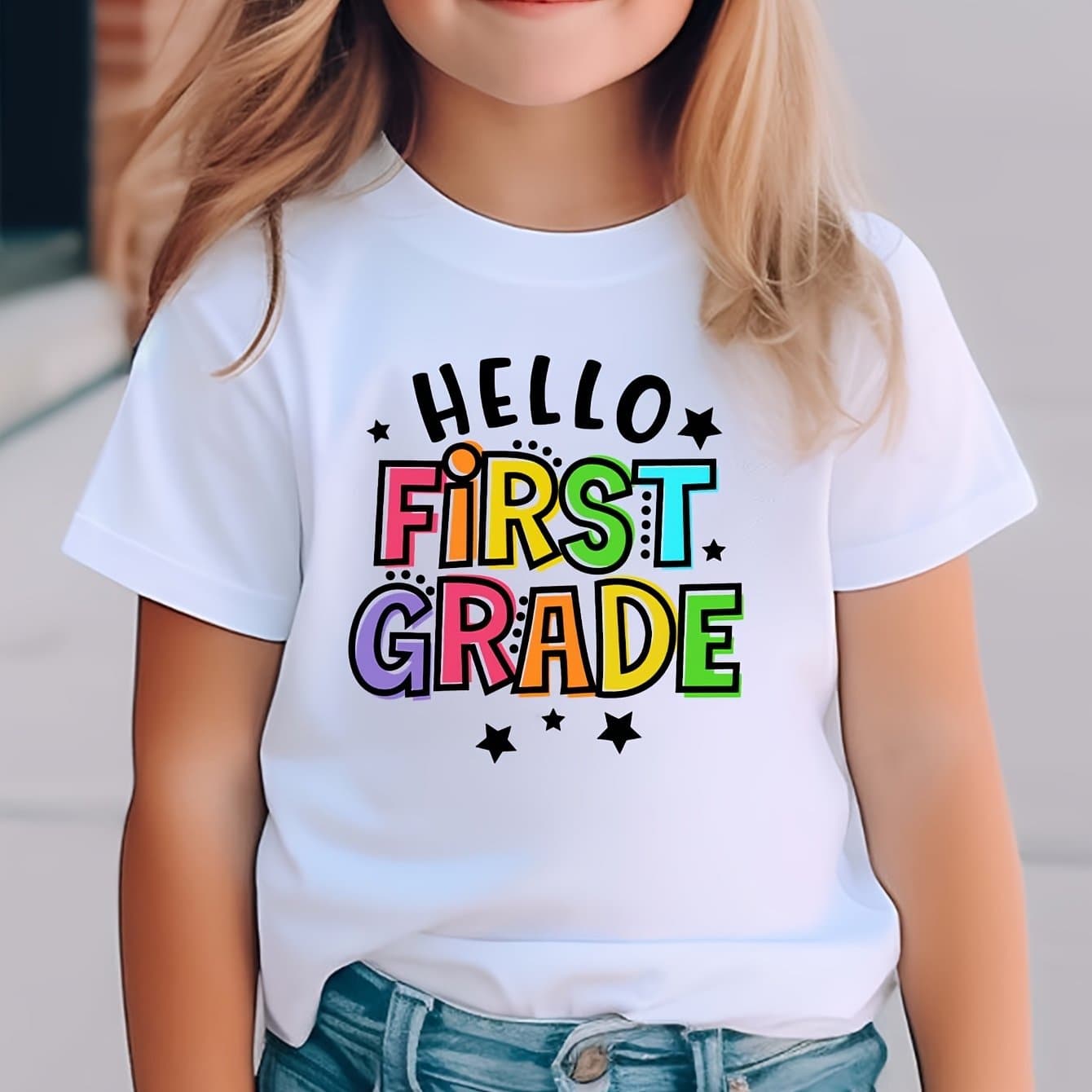TEMU Girl's Cotton T-shirt Hello, Letter Print And Star Pattern Print Comfortable And Casual Round Neck Short Sleeved