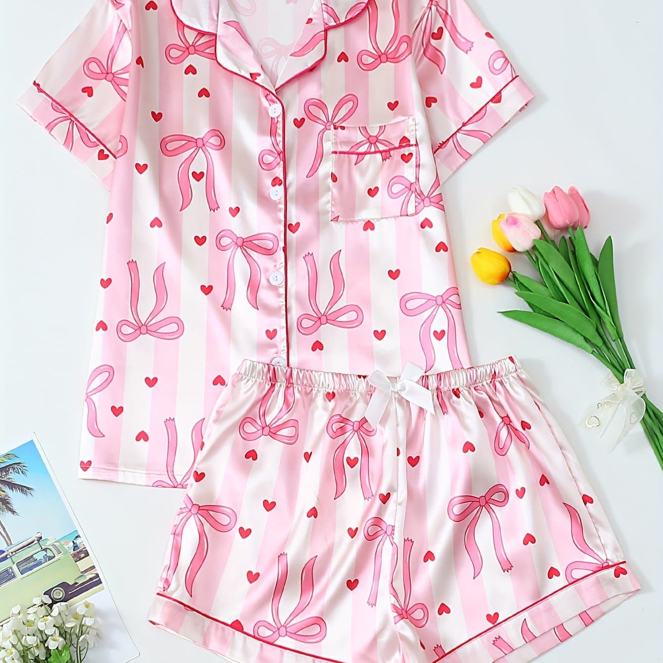 TEMU Striped Bow Print Women's Satin Pajama Set