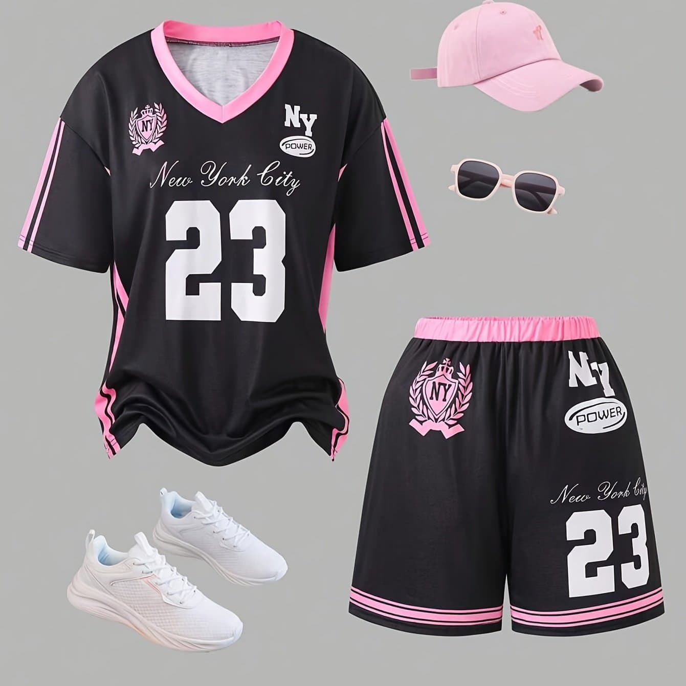 TEMU Girls' Casual Sports Street Style Jersey Youth Fashion Printed T-shirt+ Shorts 2pcs Set, Perfect For Outdoor