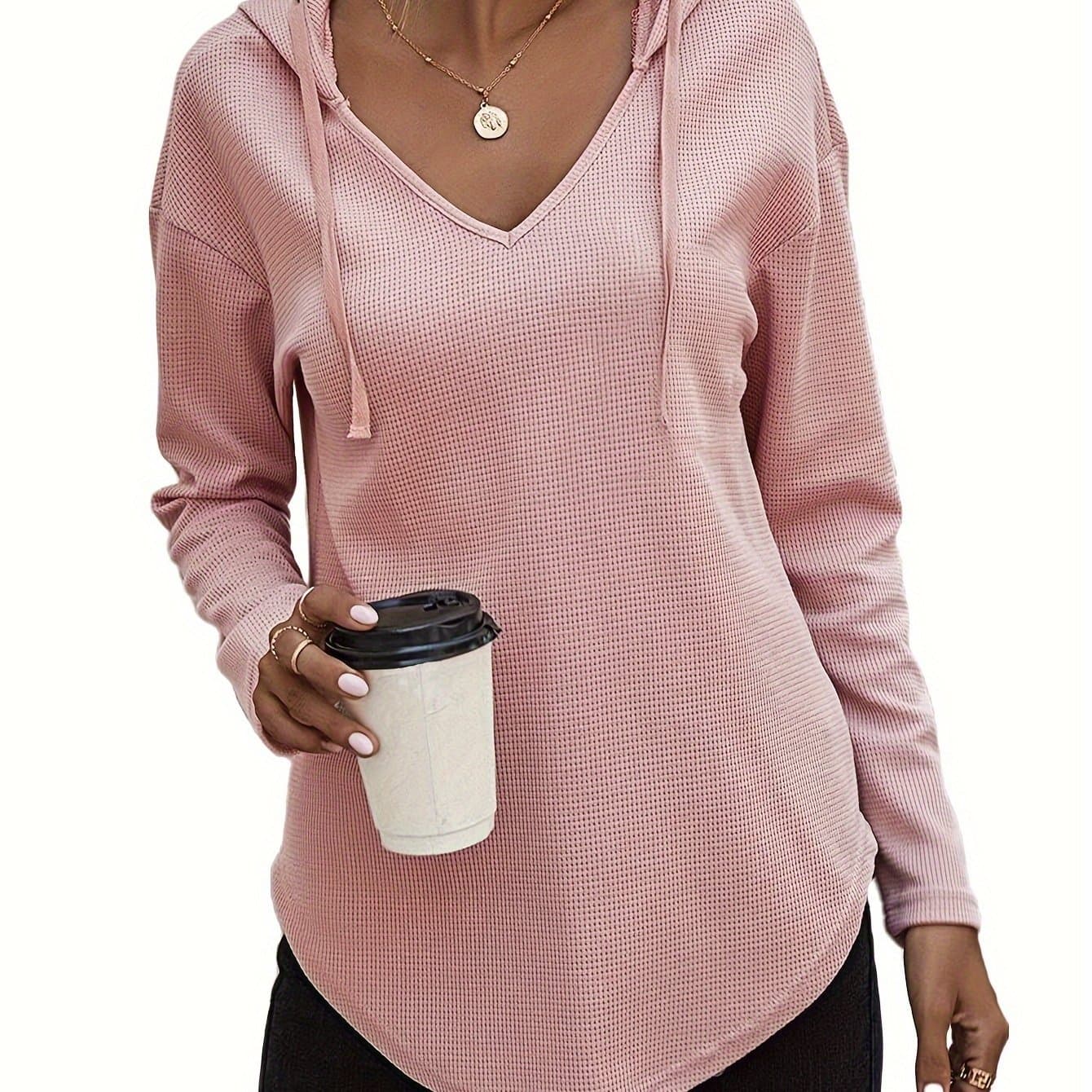 TEMU Hanky Hem V Neck Hoodie, Casual Long Sleeve Drawstring Hooded Sweatshirt, Women's Clothing