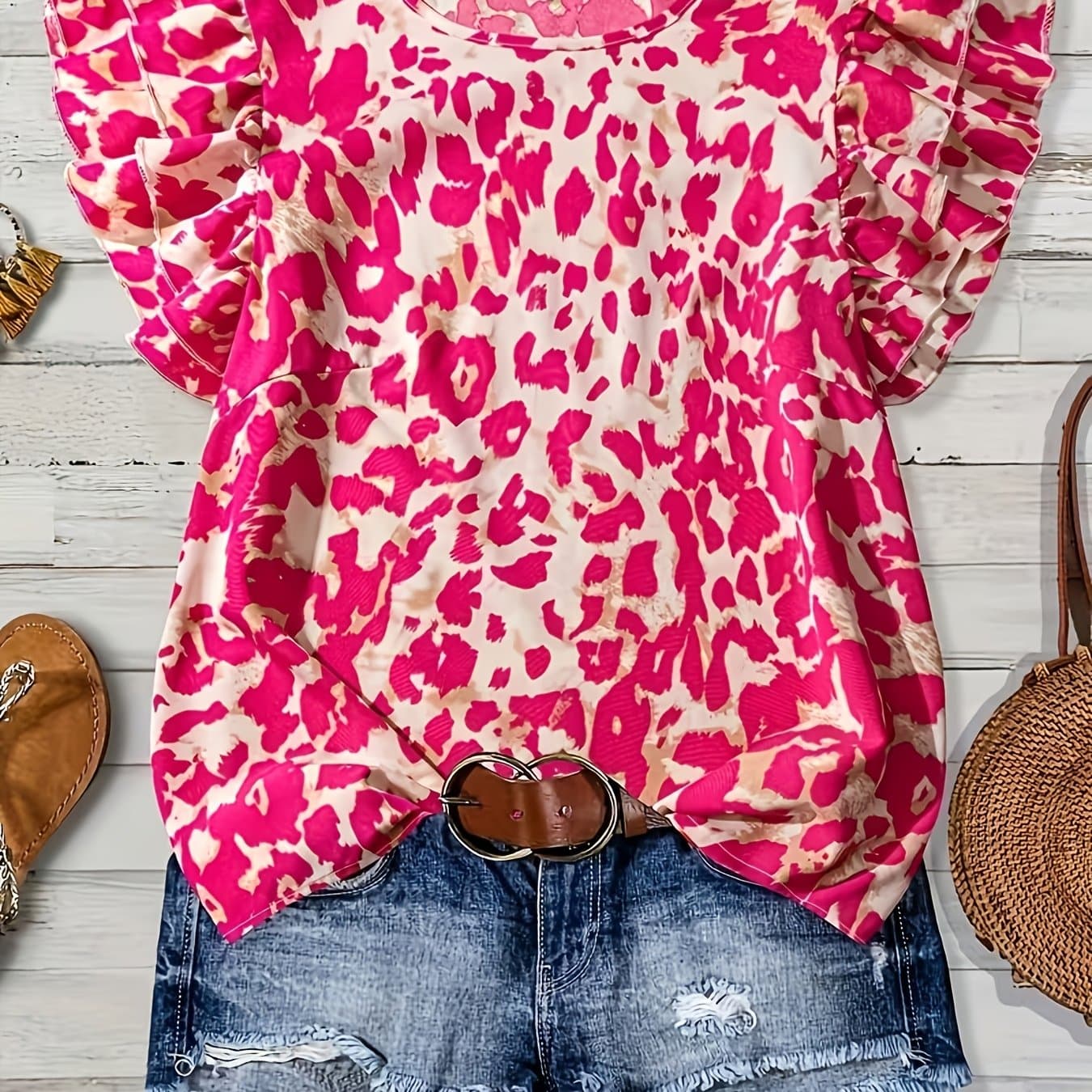 TEMU Rose Print Round Neck Double-layer Short Sleeve Loose Shirt