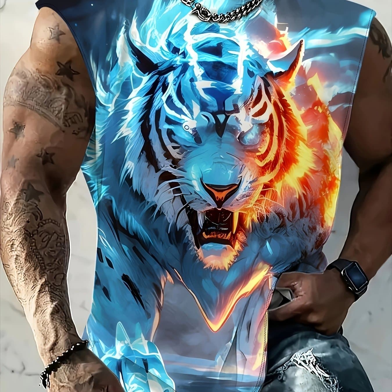 TEMU Men's Plus Size Tiger Print Comfortable Breathable Top, Casual Sleeveless T-shirt For Men, Summer Fitness Sports Vest