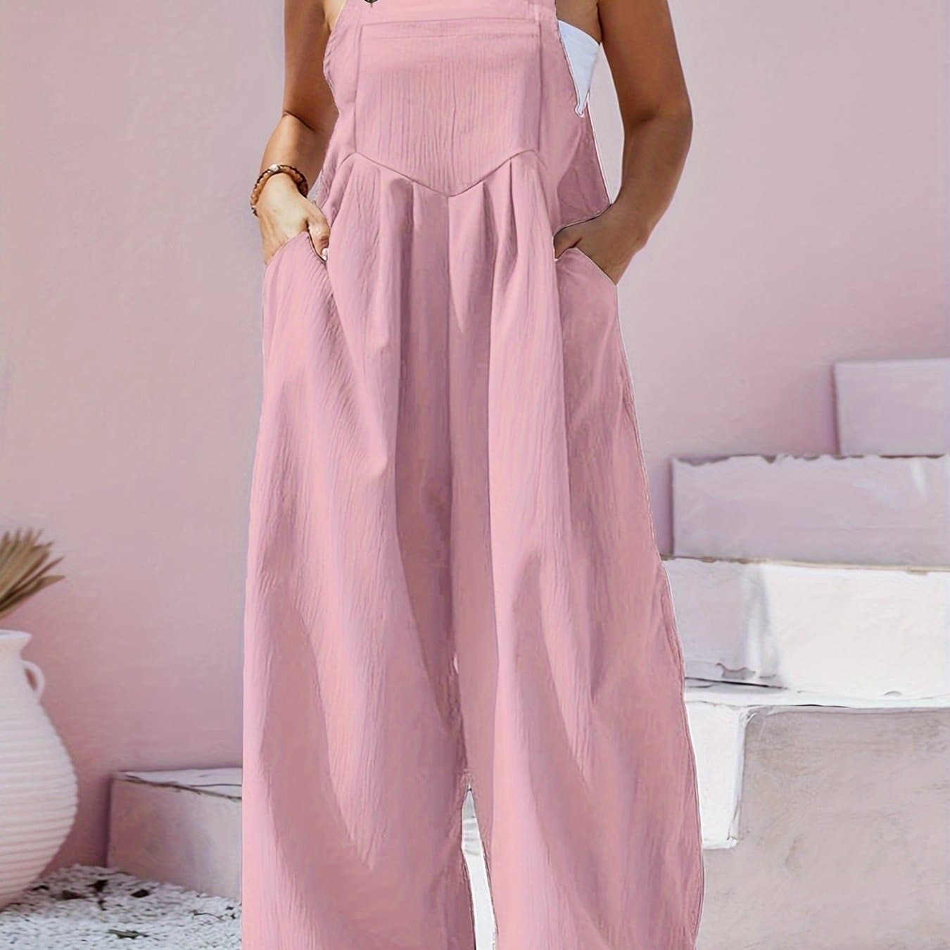 TEMU Plus Size - Plus Size Women's Jumpsuit Spring And Summer Button Back Tie One-piece Pants - Back Tie Button Design, Thin Thickness, Loose - Plus Size Women's Vacation Jumpsuits
