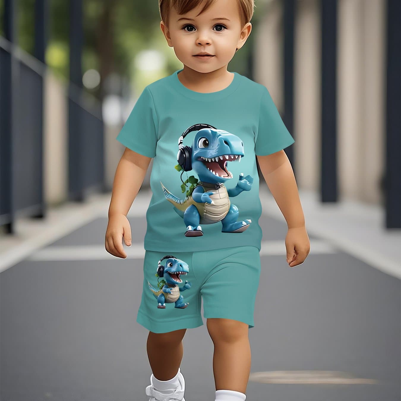 TEMU Trendy And Fashionable Cartoon Music-playing Dinosaur Pattern Print | Summer Short-sleeved Set For Boys, Comfortable And Casual Fit, For Outdoor