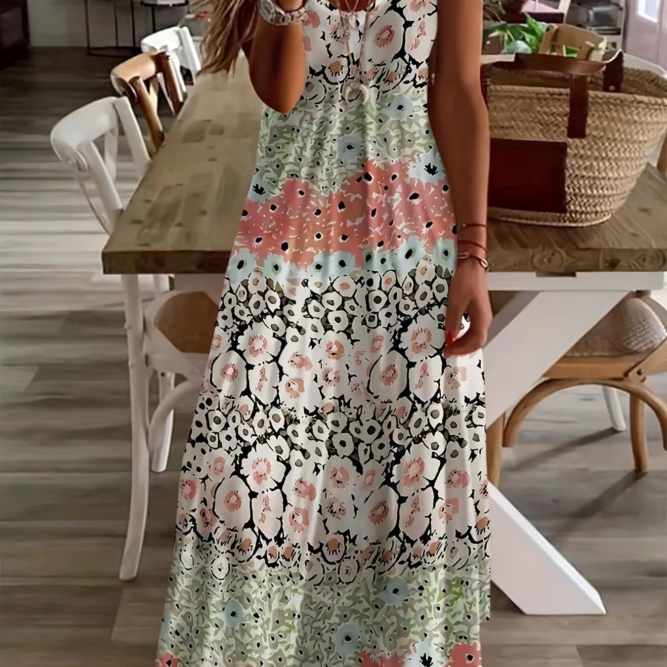 TEMU Maxi Dress For Women Featuring A , Short Sleeves, And A V-neck. Made From Lightweight Chiffon With An Elastic Waist, Perfect For Summer Beach And Casual Evening Events