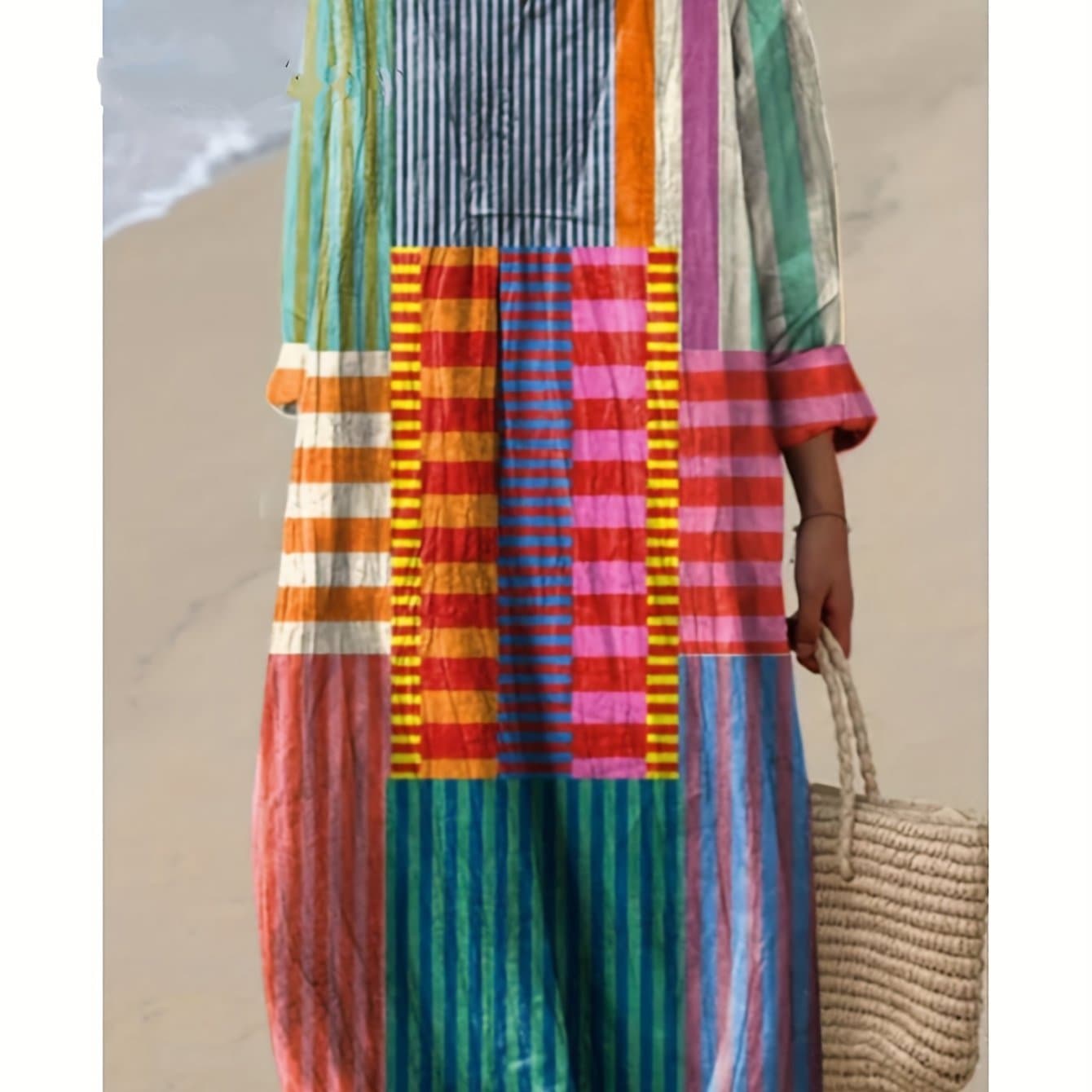 TEMU Women's Bohemian Striped Maxi Dress For Beach And Casual Wear