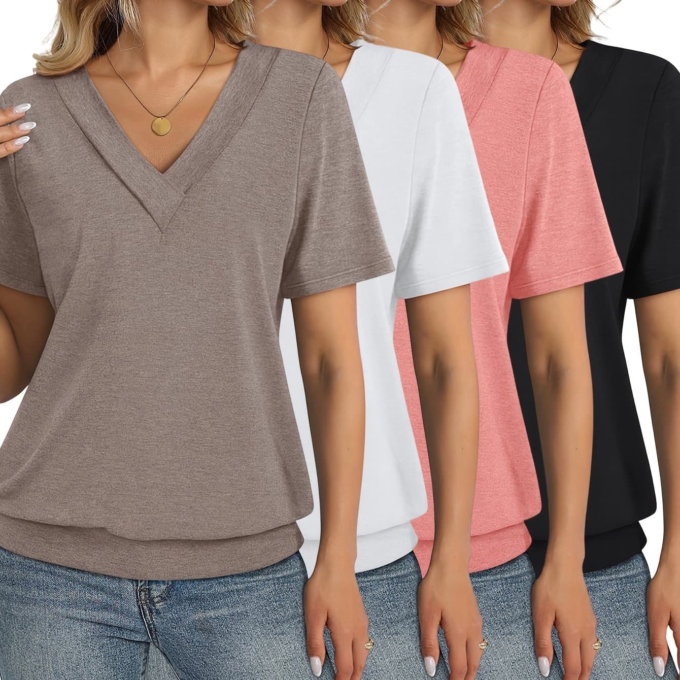 TEMU 4pcs Women's Comfortable Top Set, Elegant Casual Drawstring Hem Basic Shirt, Fashionable V-neck Short Sleeve T-shirt