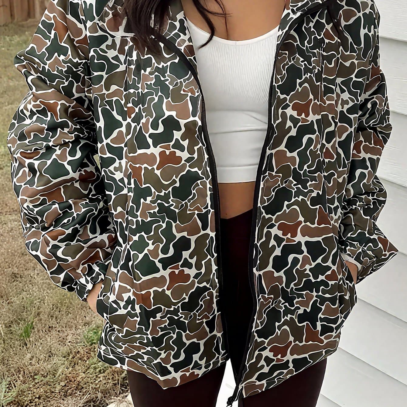 TEMU Camo Hooded Jacket Women's, Streetwear Windbreaker, Casual Fall Outerwear, Fashion Hoodie For Daily Wear