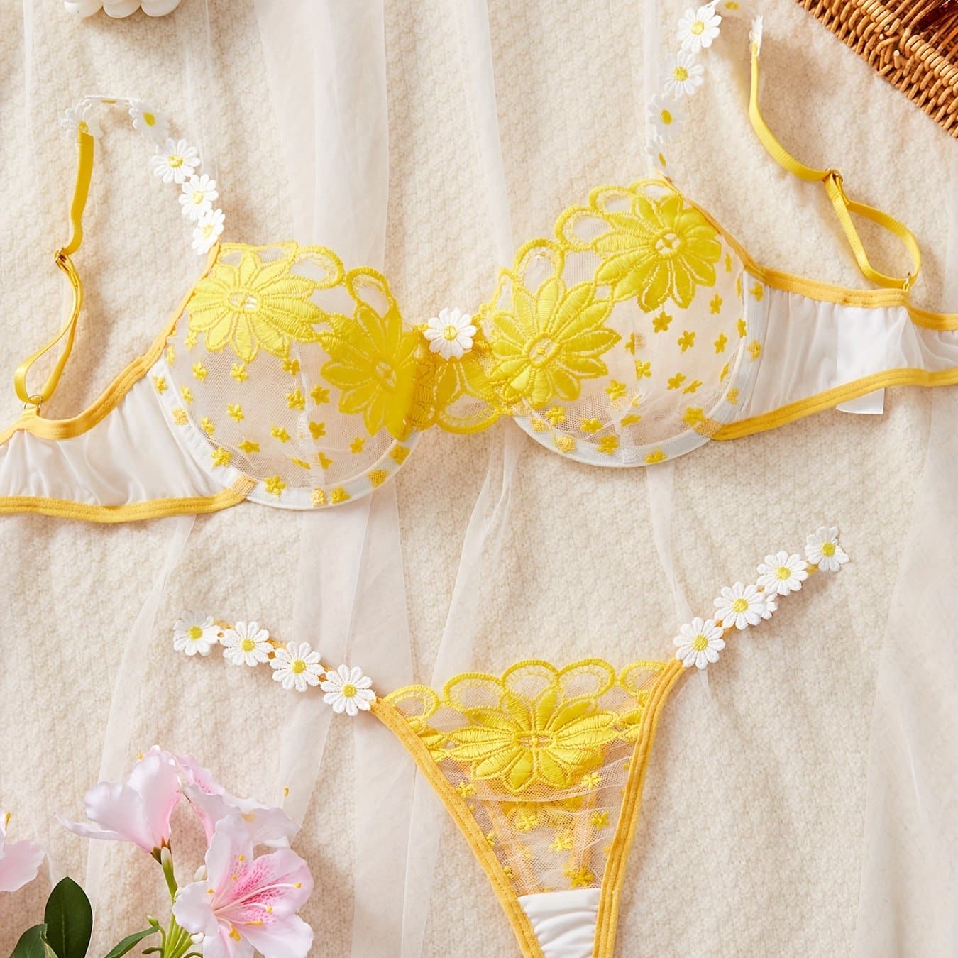 TEMU Women's New Daisy Mesh Bra Set