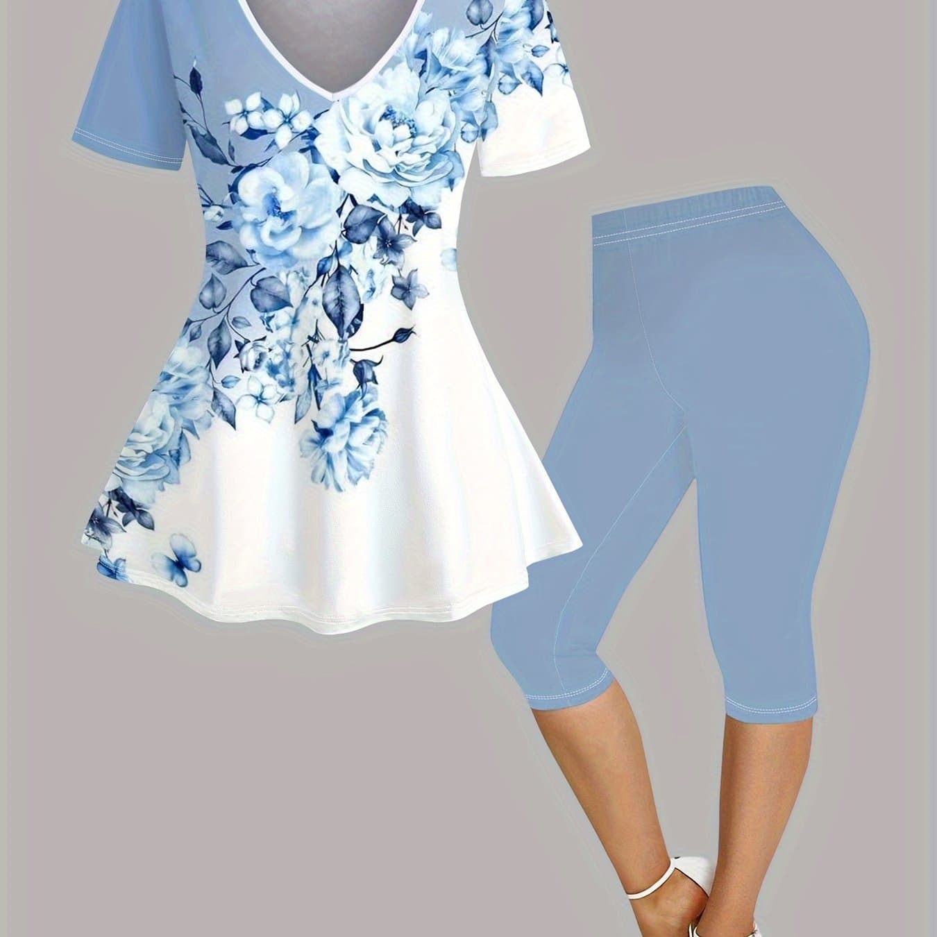 TEMU Plus Size - Color-block Print V-neck T-shirt And Elastic Waist High-waisted -quarter Pants Light Blue Set