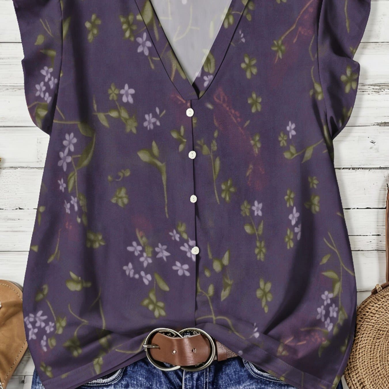 TEMU Women's Vintage Button-up Vest, American Western Style Purple Floral Print, V-neck Flutter Sleeve Top, Casual Versatile Loose T-shirt