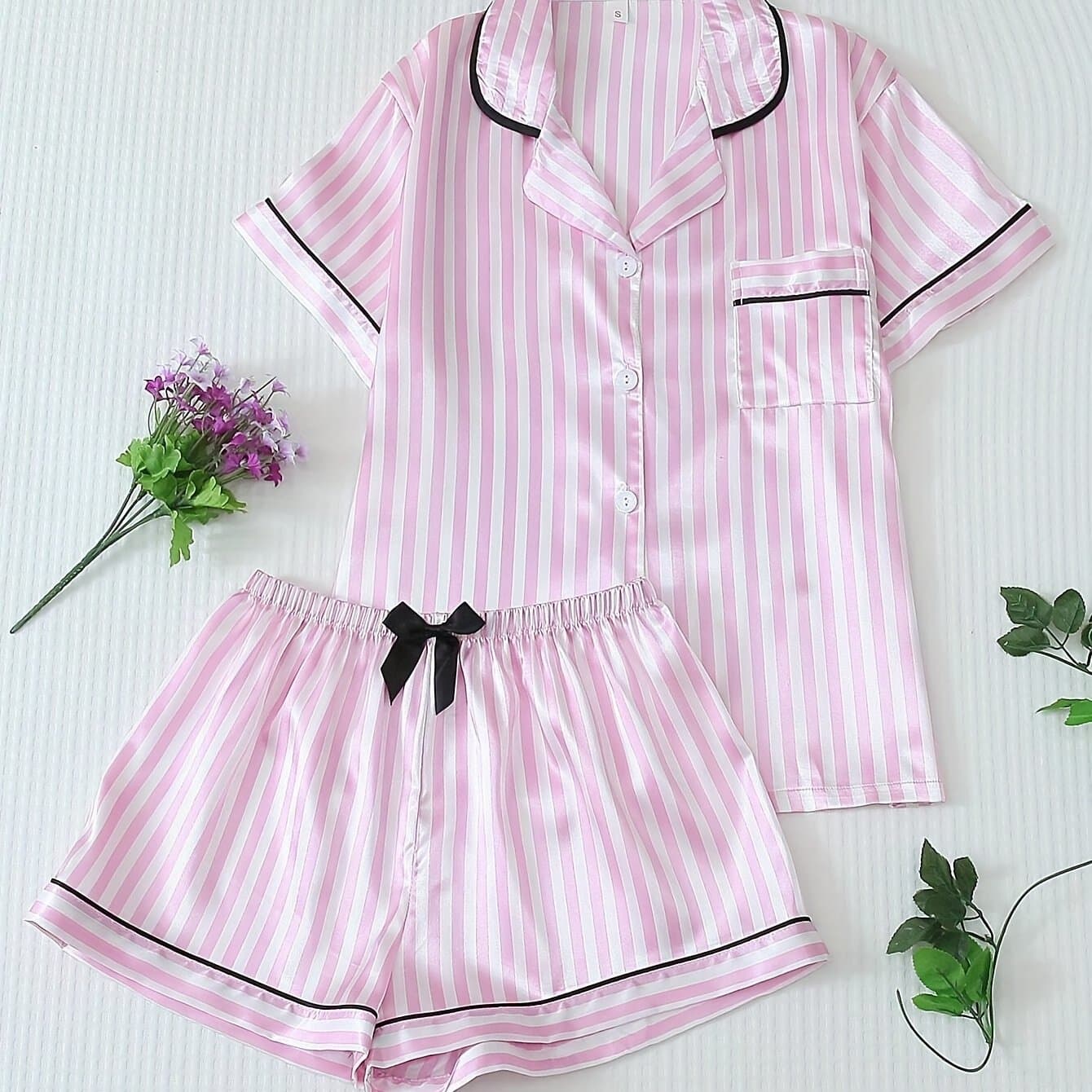 TEMU Pink Striped Bow-knot Short Sleeve And Shorts Pajama Set For Women | Elegant Lapel Collar,
