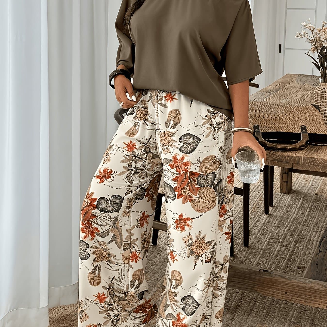 TEMU European And Women's Elegant 2pcs Set: Solid -shoulder Loose Pullover With Floral Print Pants,, Comfortable, Versatile For Commuting And Vacation, Fashionable Set