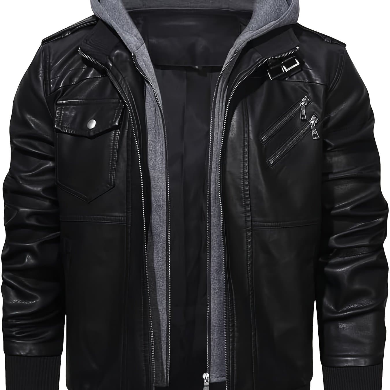 TEMU Men's Pu Leather Jacket Motorcycle Jacket High Quality Windproof (belt Included) Pu Moto Vintage Bomber Hoodie With Removable Hood