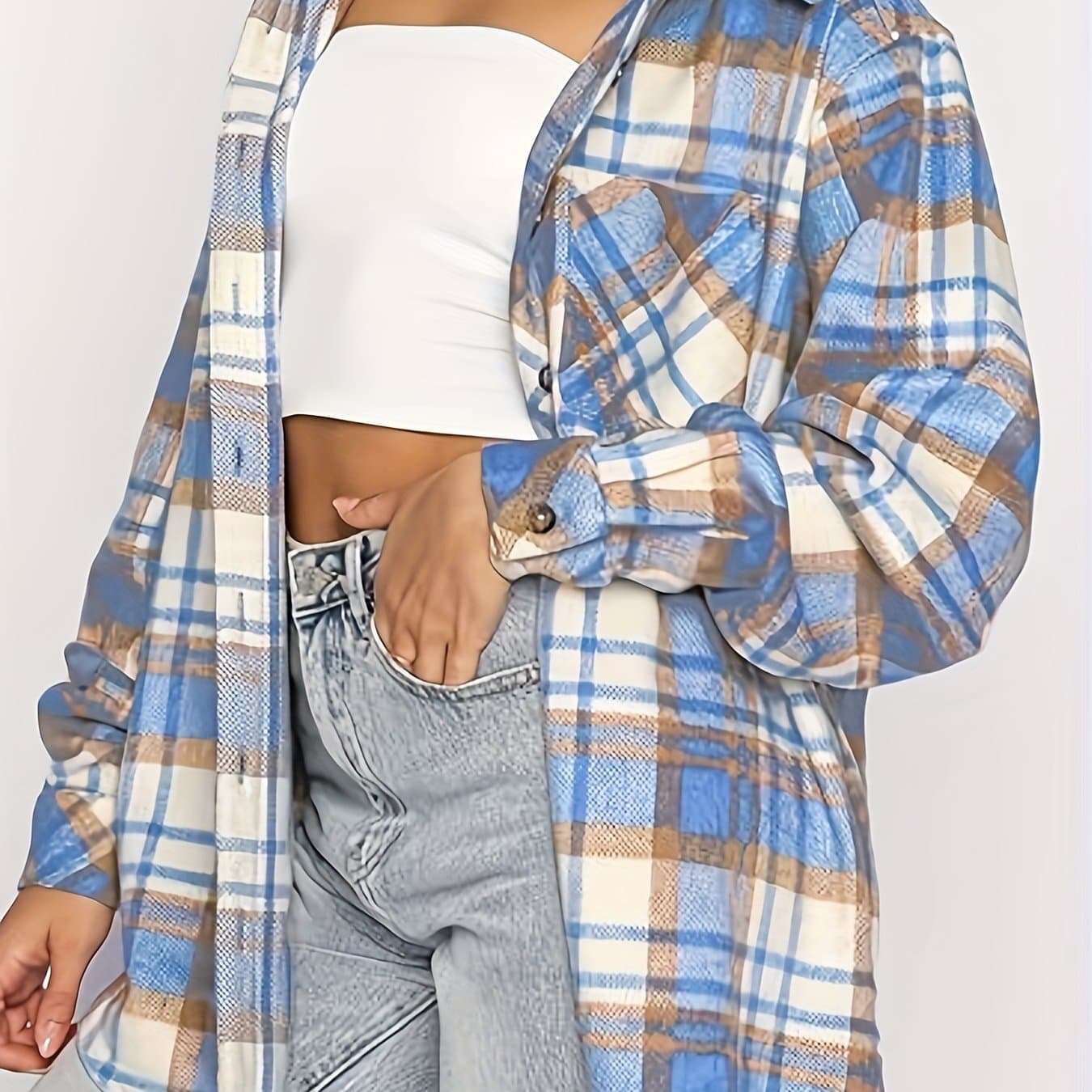TEMU Women's Casual Flannel Shacket Button Long Sleeve Shirt Jacket Coats With Pockets