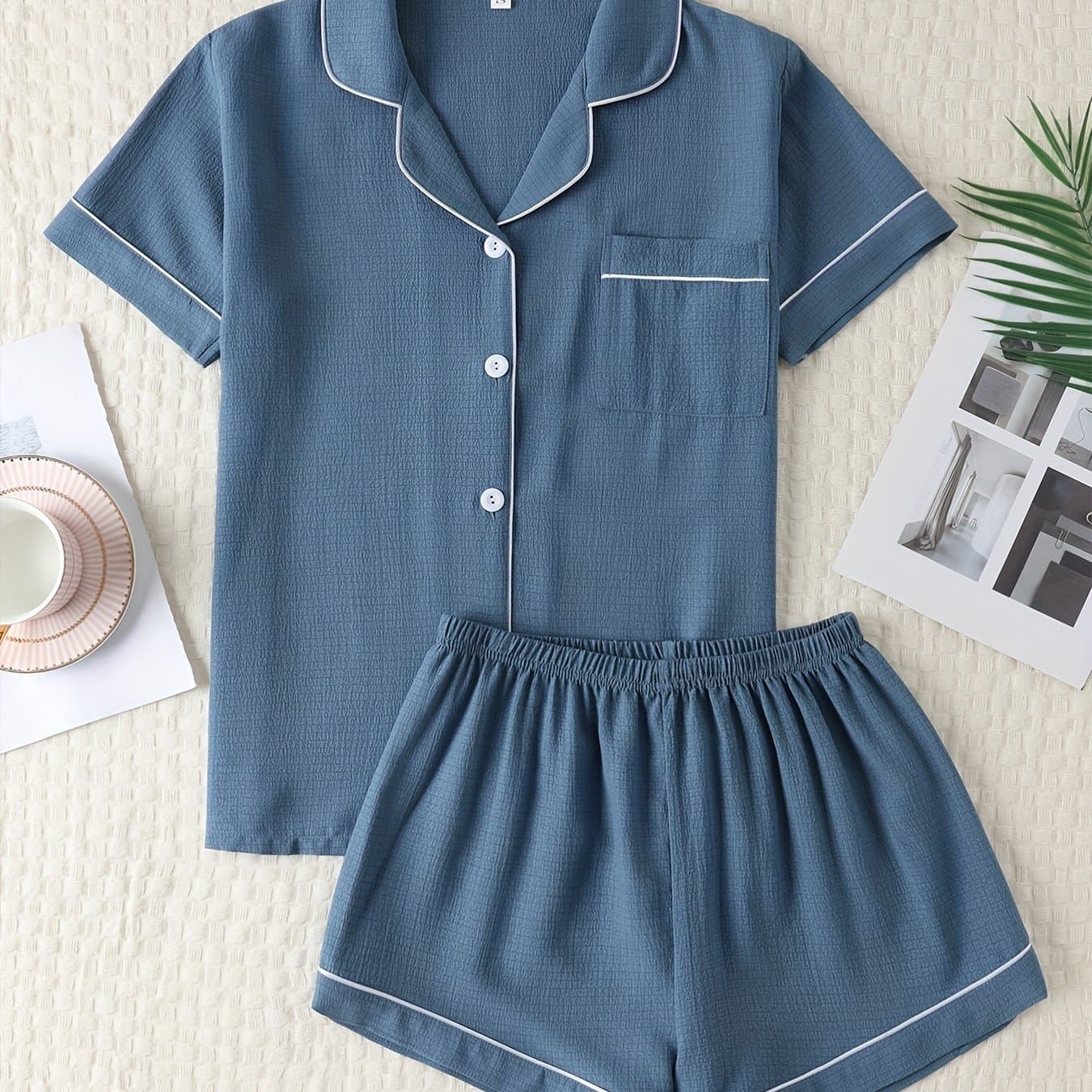 TEMU Easy Solid Pajama Set, Short Sleeve Button Up Lapel Collar Top And Elastic Shorts, Women's Sleepwear