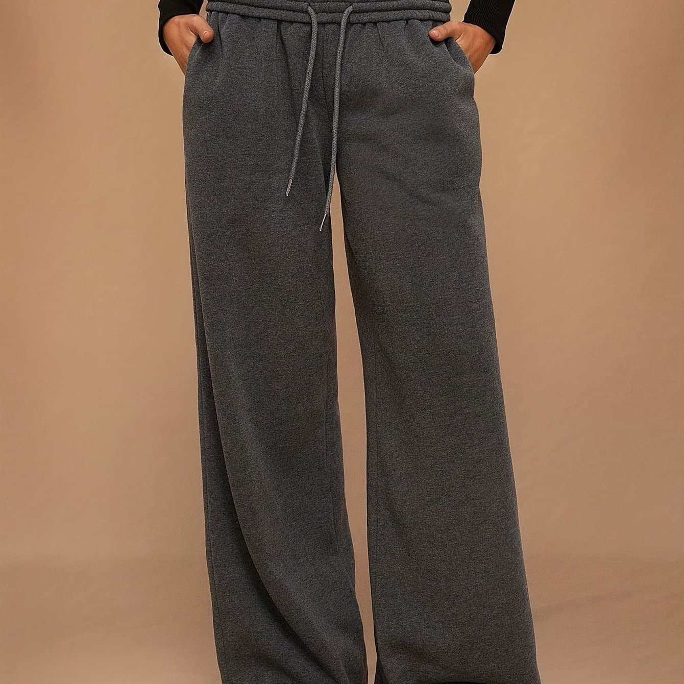TEMU Women' And Winter Fleece-lined Thickened Casual Sports Warm Sweatpants, Drawstring, High Elastic Waistband, Pockets And Other Wide-leg Pants