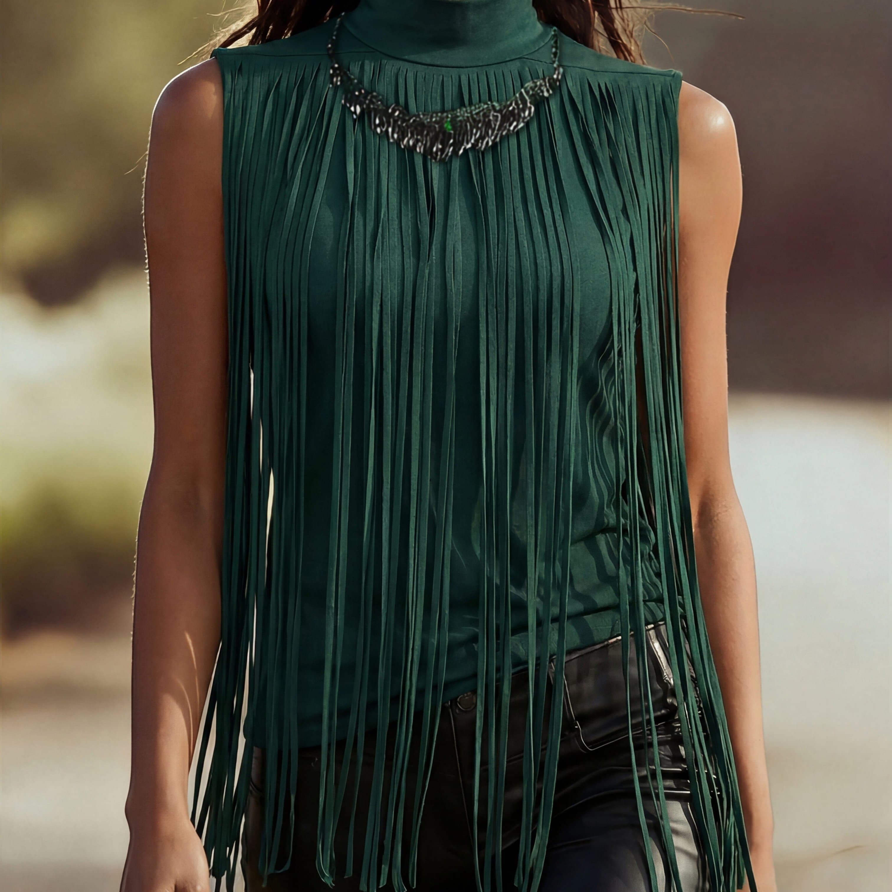 TEMU Women's Fashion High Neck Tassel -back Vest Top, Western Style Casual Vacation Vest
