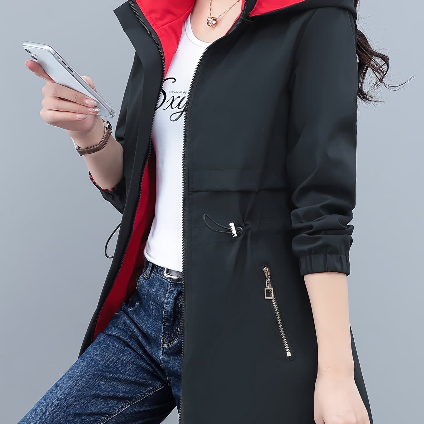 TEMU Women's 2024 New Mid-length Double-sided Windbreaker Jacket, Spring/autumn Fashionable Loose-fit Versatile Outerwear With Waist-cinching Top