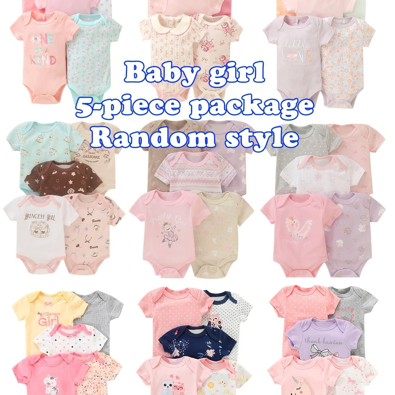 TEMU 5pcs Random Pc Of Baby Girl Rompers, Elegant And Cute Printed Baby Girl Clothing, Girl's Romper, Wear, For Outdoor