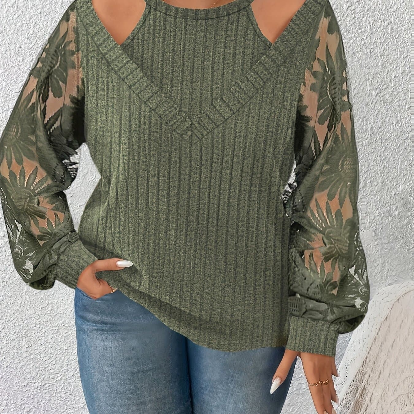 TEMU Plus Size - Plus Size Women's Top | Fashionable New European And Double-layer Lace-up Long Sleeve T-shirt | Crew Neck, Slight Stretch Fabric, Solid Color, Fall/winter Season