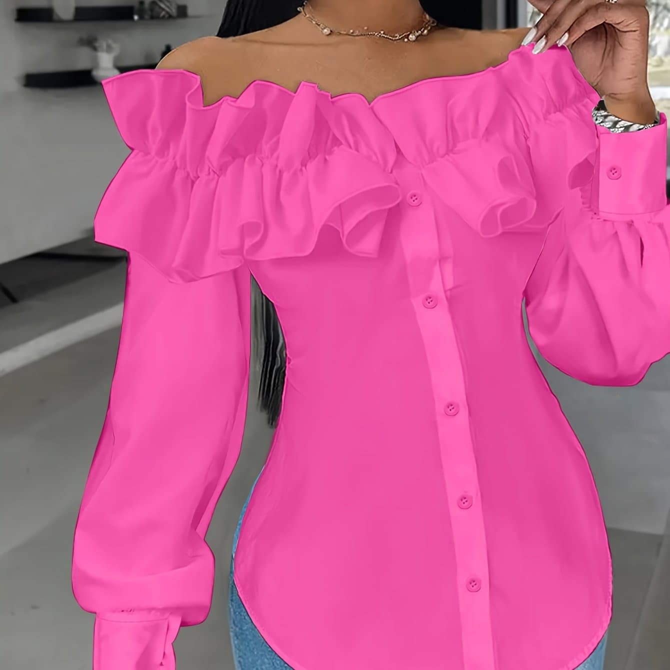 TEMU Women's Off-the-shoulder Button-front Long Sleeve Shirt