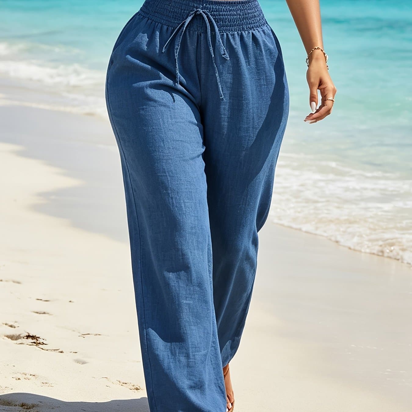 TEMU Women's Casual Wide-leg Trousers For All , Loose And Flowing High-waisted Elastic Waist Pants, Beach Travel And