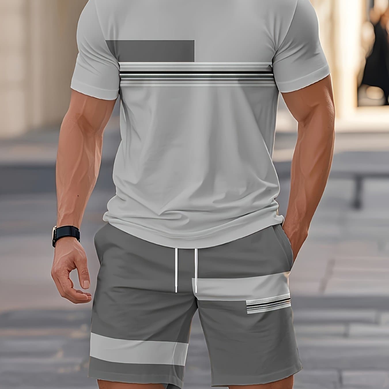 TEMU [3d Printing 2pcs Set] Summer 3d Printed Men's Breathable Comfortable Outdoor Casual Short-sleeve Crew Neck T-shirt And Shorts Adult Set