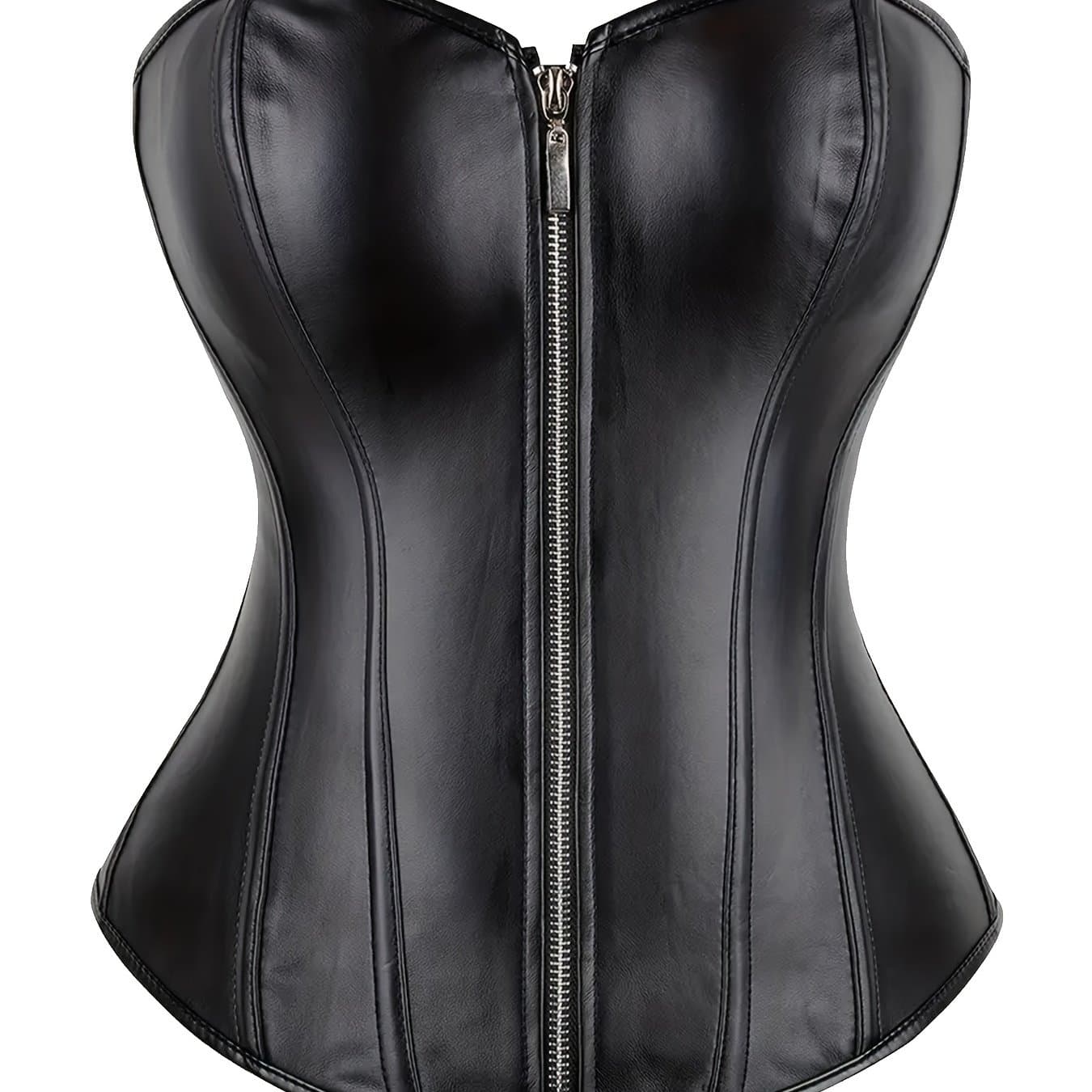 TEMU Pu Zippered Court-style Bodice Corset, Over Clothing Or As An Inner Layer, Fitted Bustier