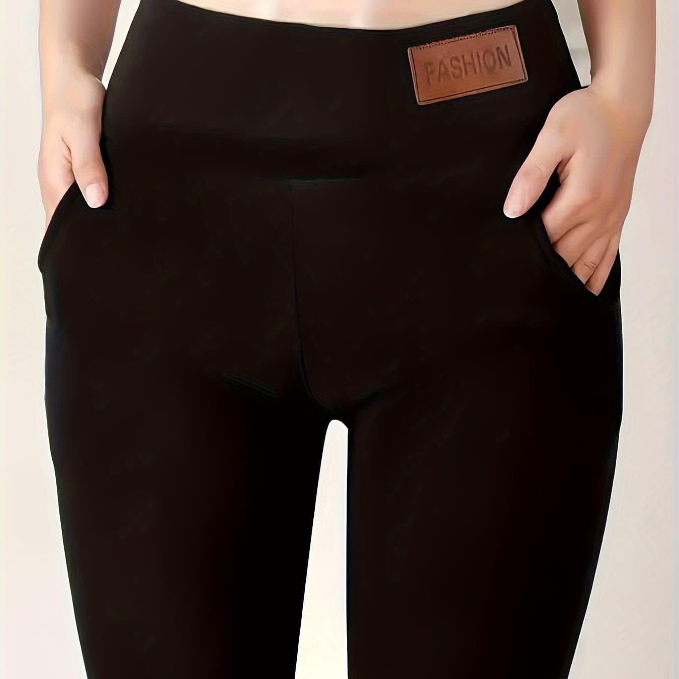 TEMU Solid Warm Plush Lined Leggings, Casual Elastic Pocket Long Length High Waist Leggings, Women's Clothing