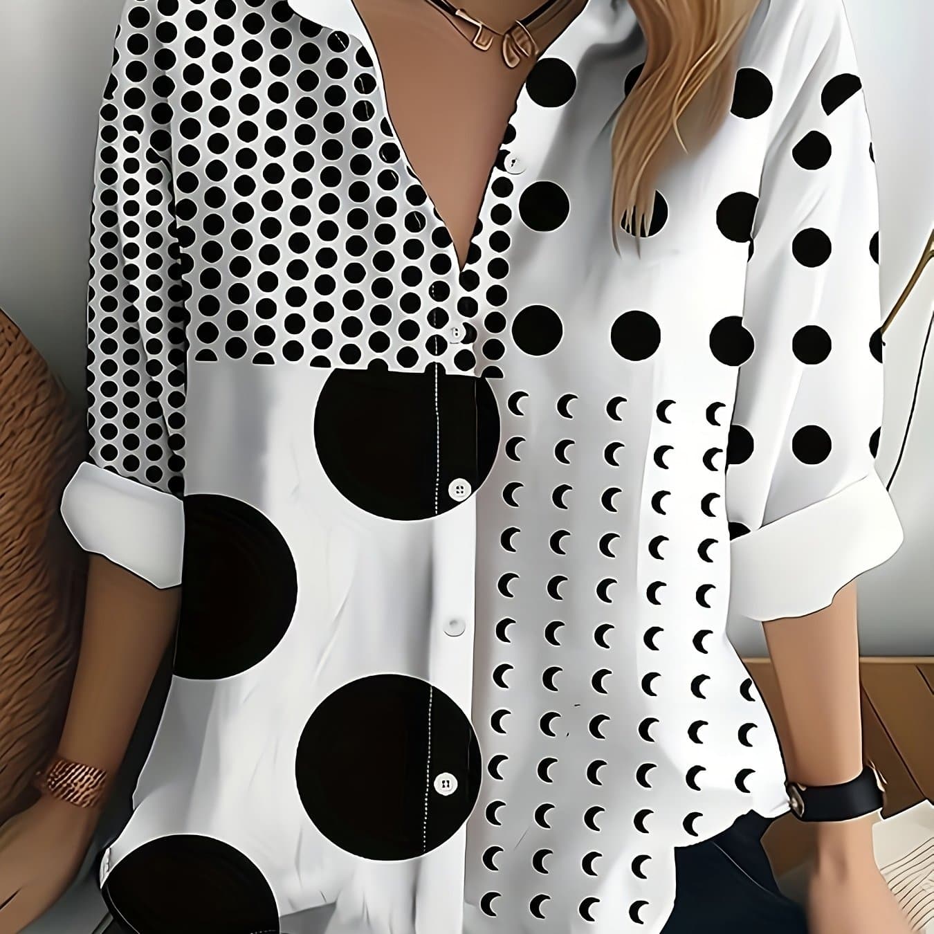 TEMU Women's Casual Polka Dot Stitching Printing Long-sleeved Lapel Button Shirt Pattern Lightweight Fabric Machine Washable Spring, Summer And Autumn Women's Clothing