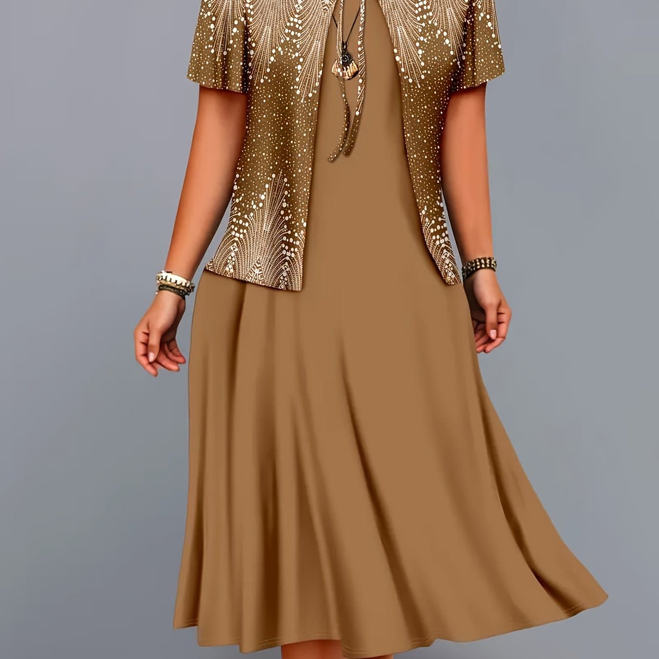 TEMU Elegant Dress Set, Ethnic Style Pattern Print Fashion Vacation Outer Collar Jacket Vest Long Dress Set, Spring Autumn Regular Casual Set