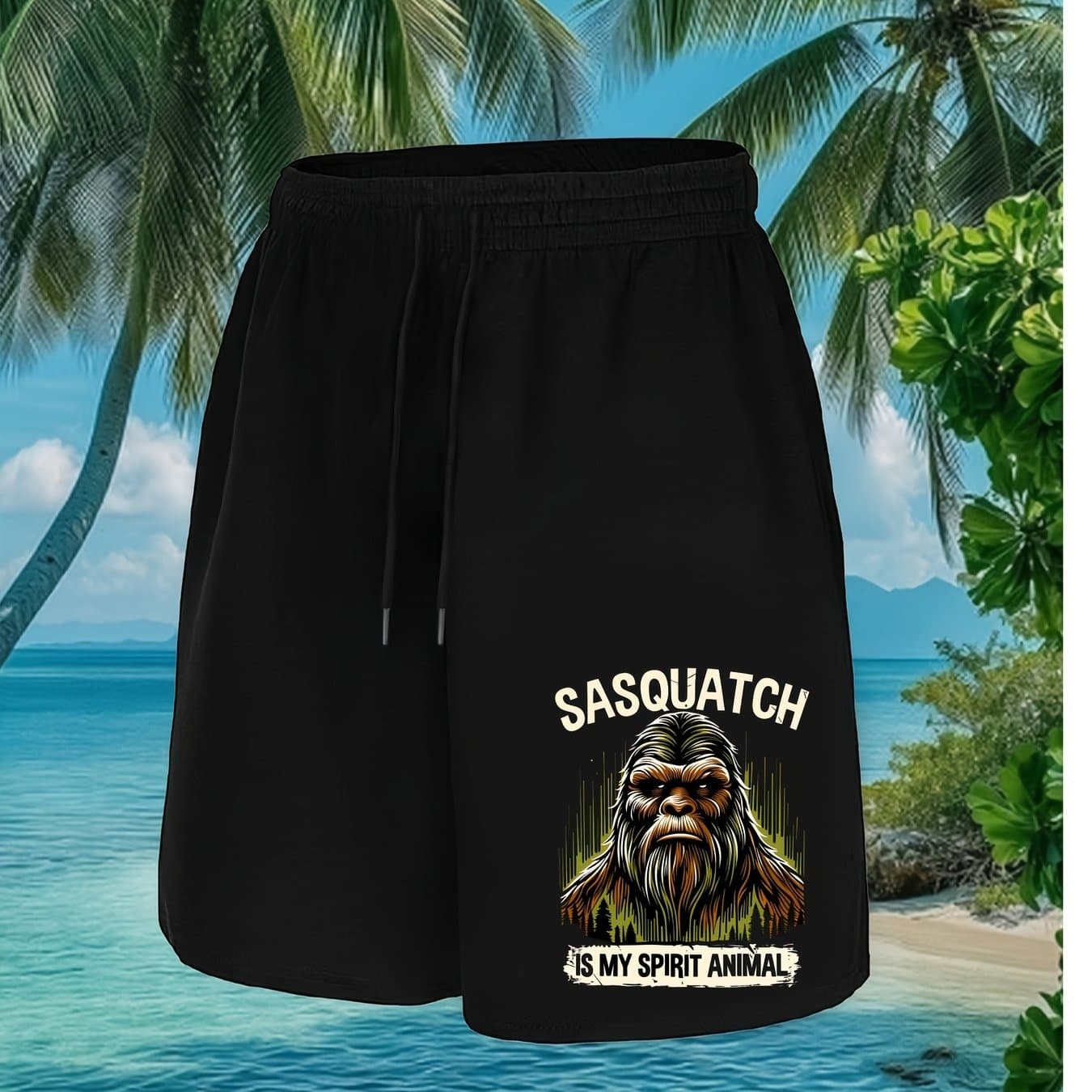 TEMU Pattern Sasquatch Illustration With Sasquatch Is My Text. Tropical Print Black Shorts