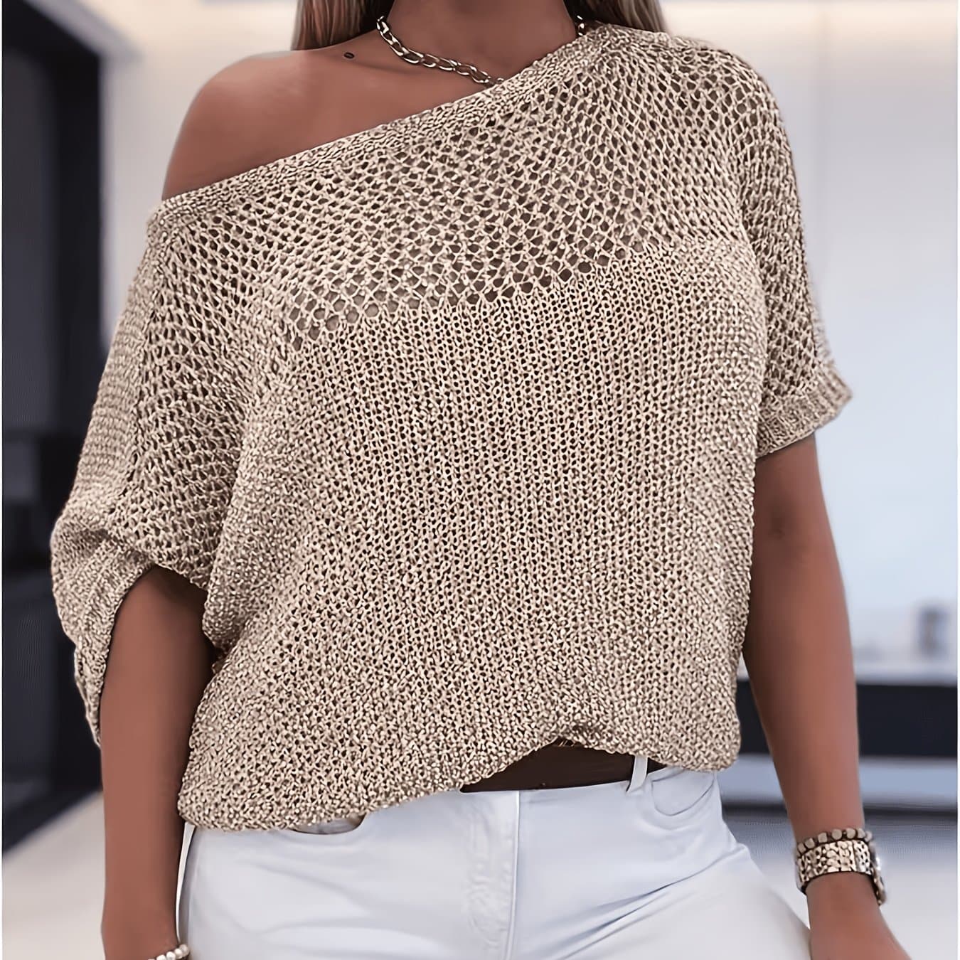 TEMU Casual Versatile Hollow- Short-sleeve Top