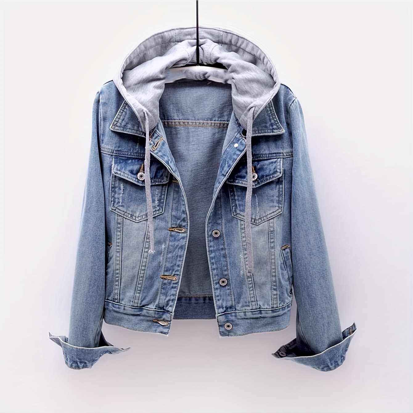 TEMU Women's Casual Denim Jacket, Long-sleeved Hooded Denim Short Jacket, Hat , Suitable For Spring And Autumn And Any Occasion