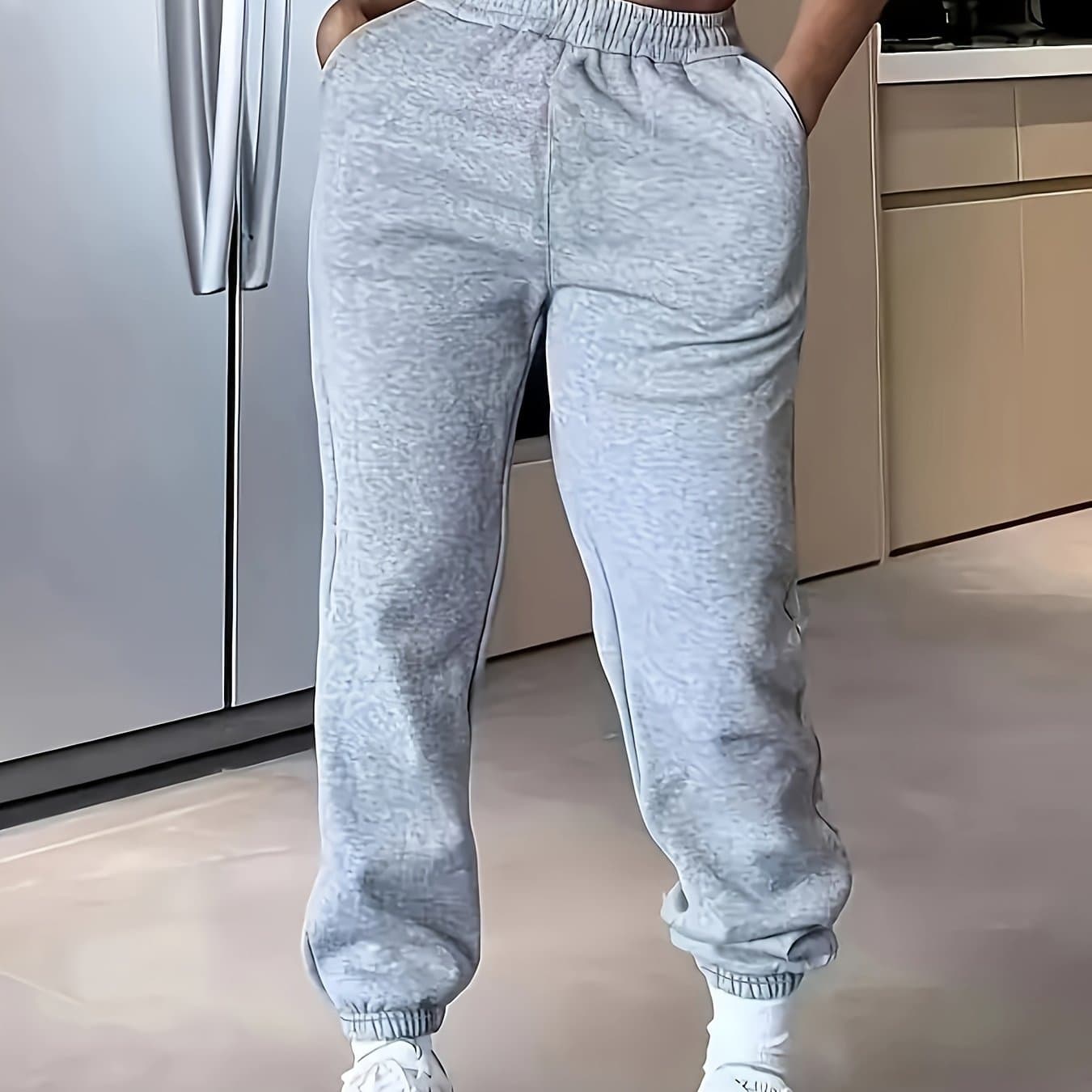 TEMU High-waisted Elastic Jogger Pants For Women - 100% Polyester Solid Color Trousers For Spring/summer/fall