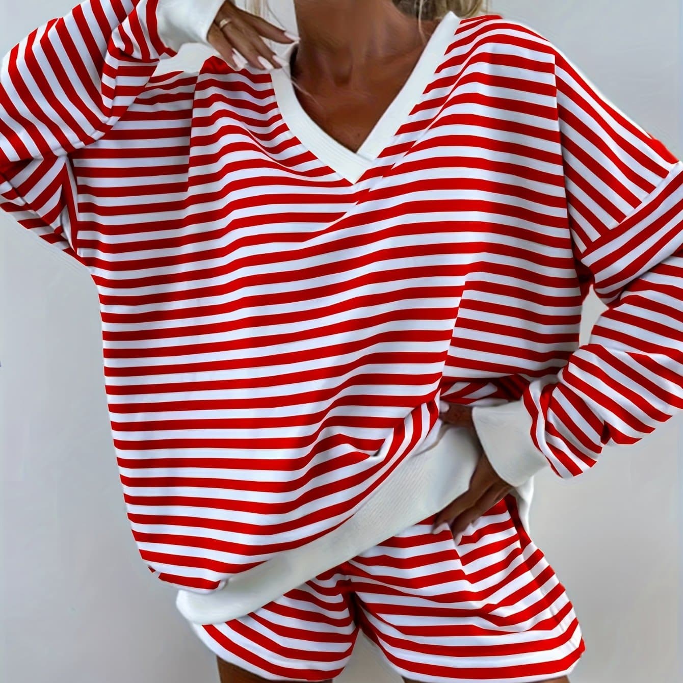 TEMU Women's Fashion Set V-neck Long Sleeve T-shirt Hoodie And Shorts Set With And White Striped Pajamas Set