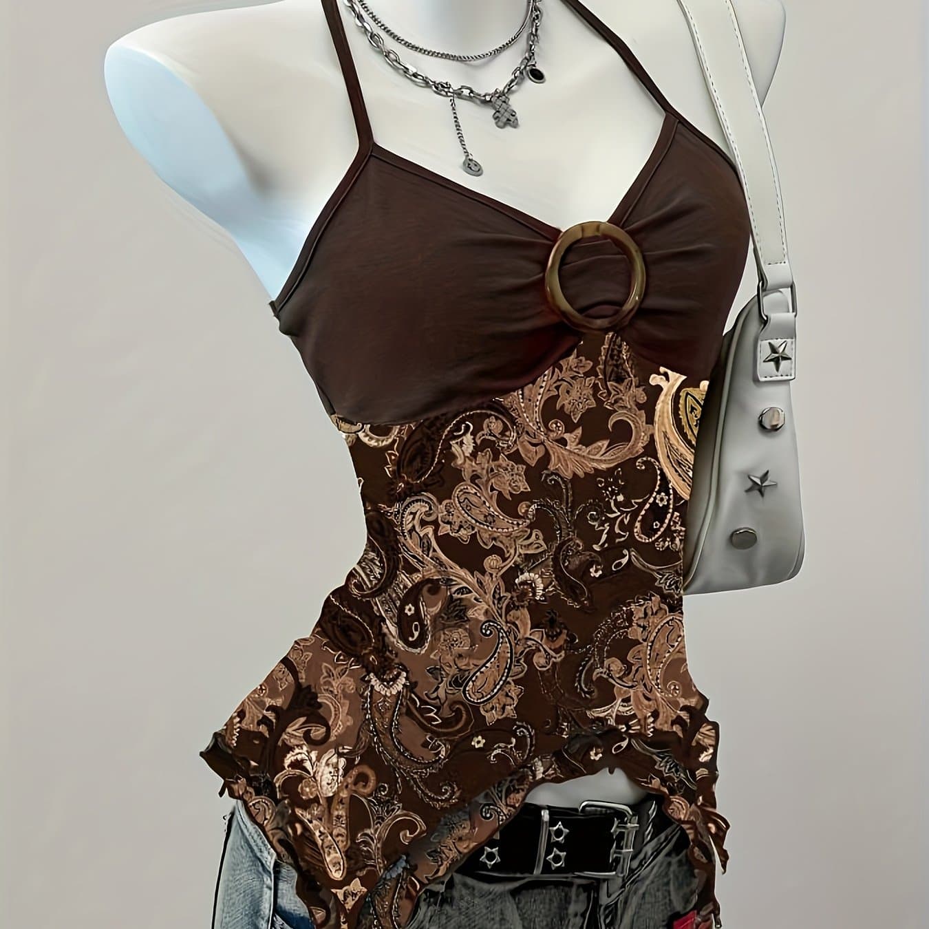 TEMU Y2k Paisley Print Camisole For Women, Round Ring Decoration Irregular Hem Sweet Spicy Slim Fit Inner Wear, Spicy Street Festival Top