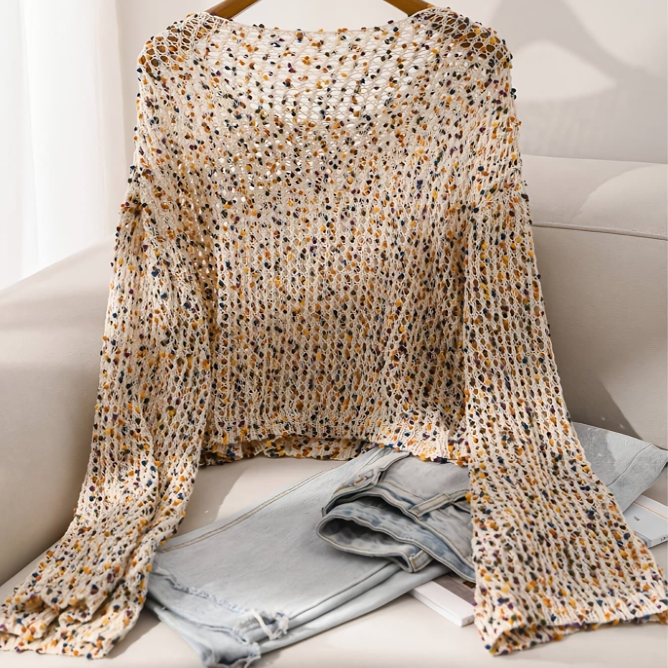 TEMU Colorful Dot Hollow-out Round Neck Sweater