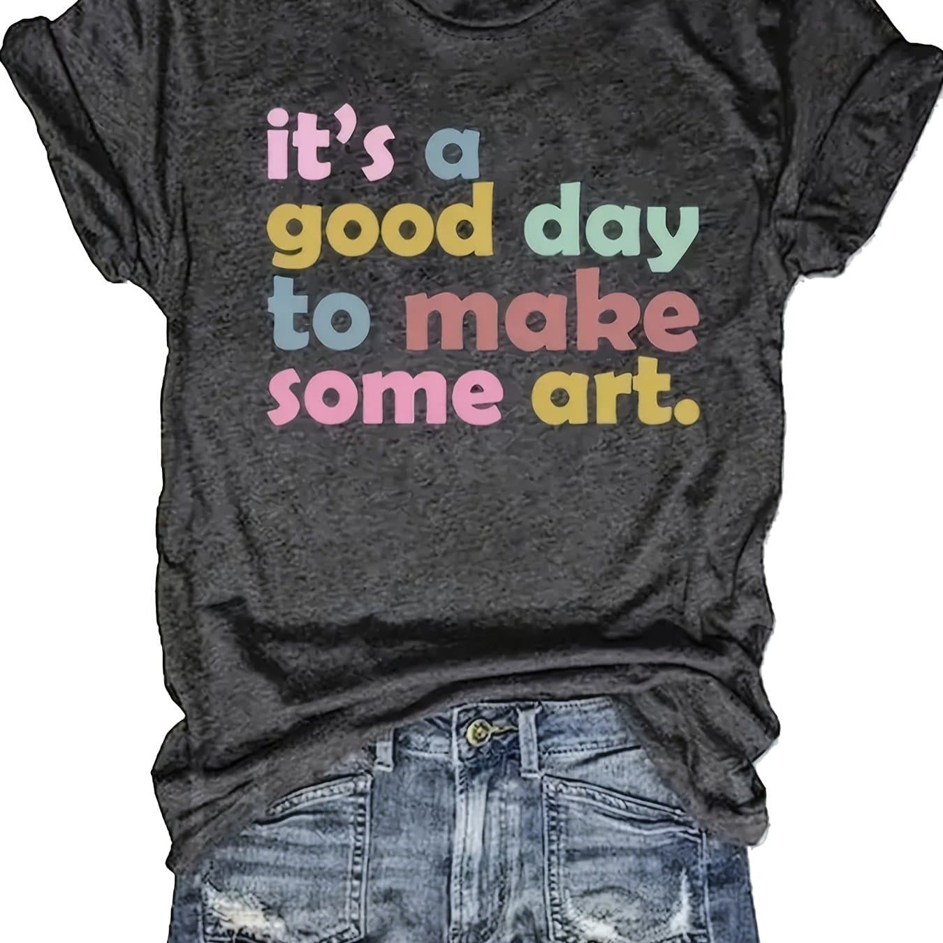 TEMU Women's Chic Letter Print T-shirt - Comfortable & Stylish Casual Short Sleeve Crew Neck Top For Casual Attire
