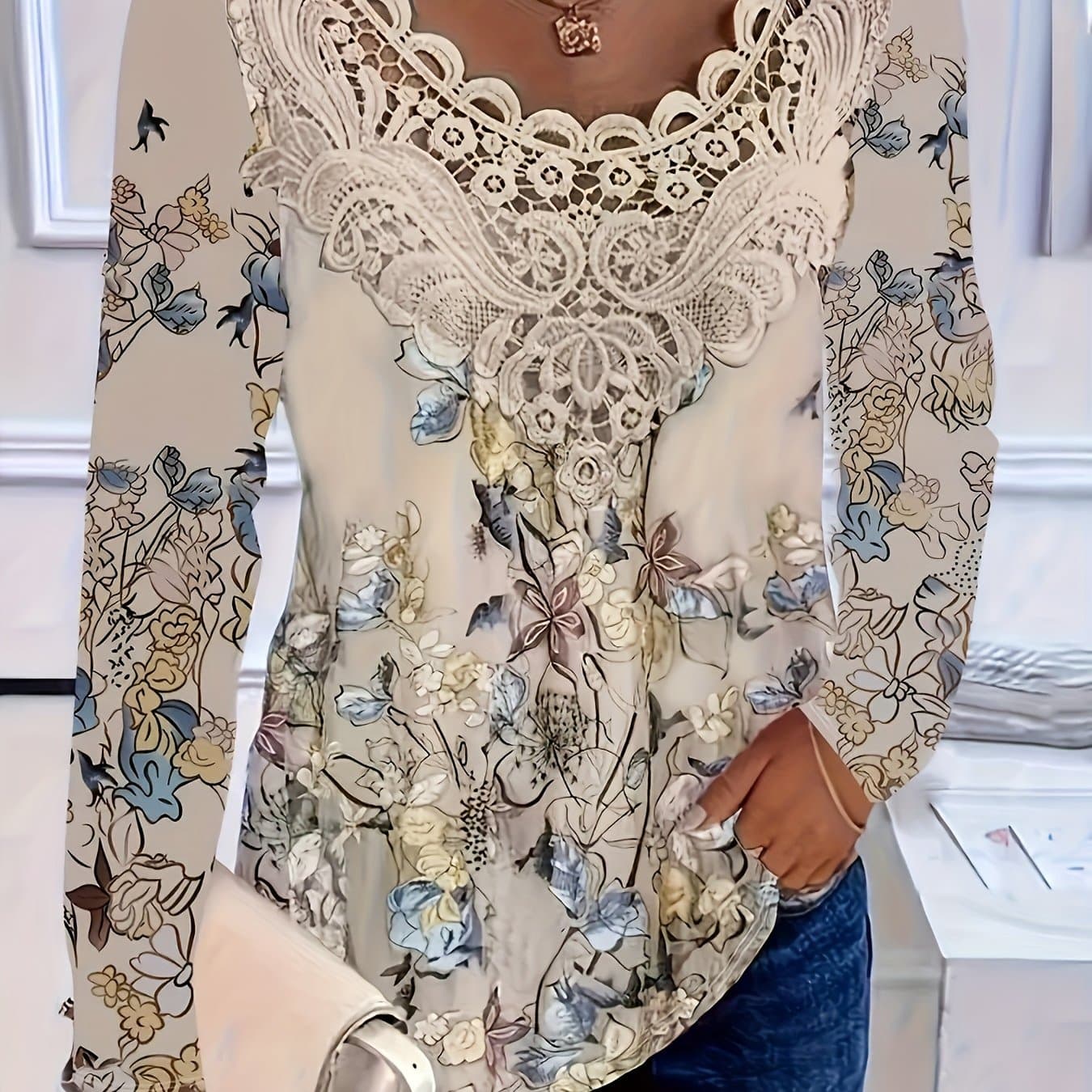 TEMU Spring/autumn Floral Lace Long Sleeve T-shirt