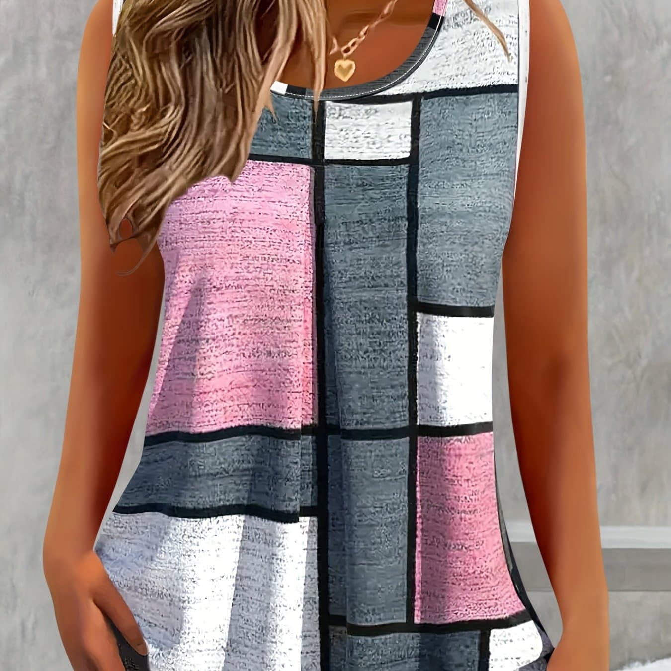 TEMU Plus Size, Summer Women's Block Print Sleeveless Vest Round Neck Loose Casual Tank Top Plus Size Tank Top Women's Clothing